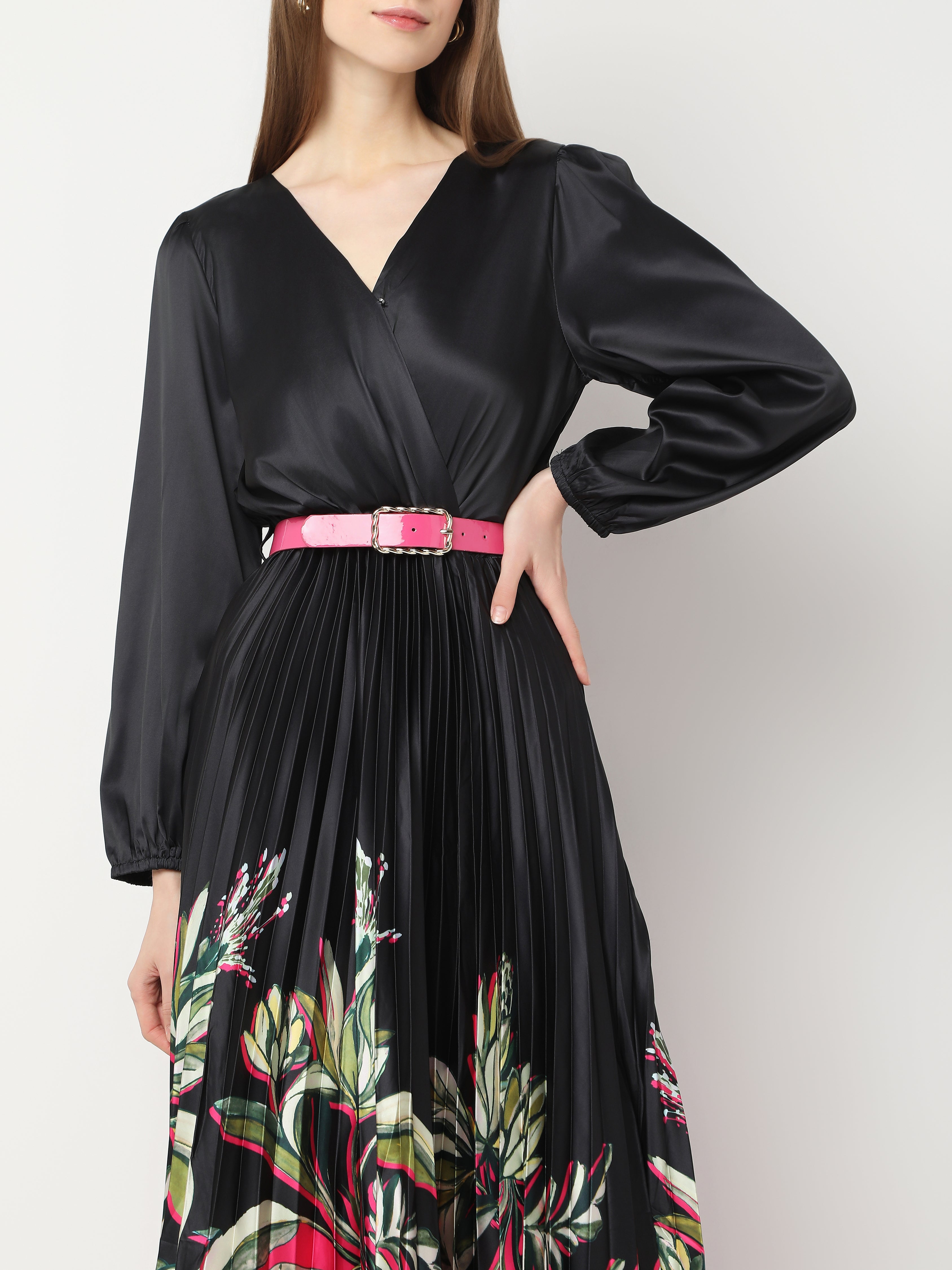 Women's Black Pleated Dress with Floral Print