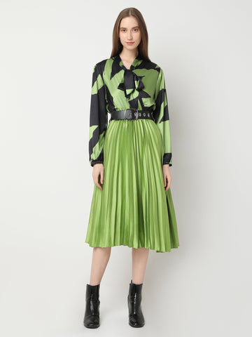 Women's Green Pleated Skirt and Printed Blouse Ensemble