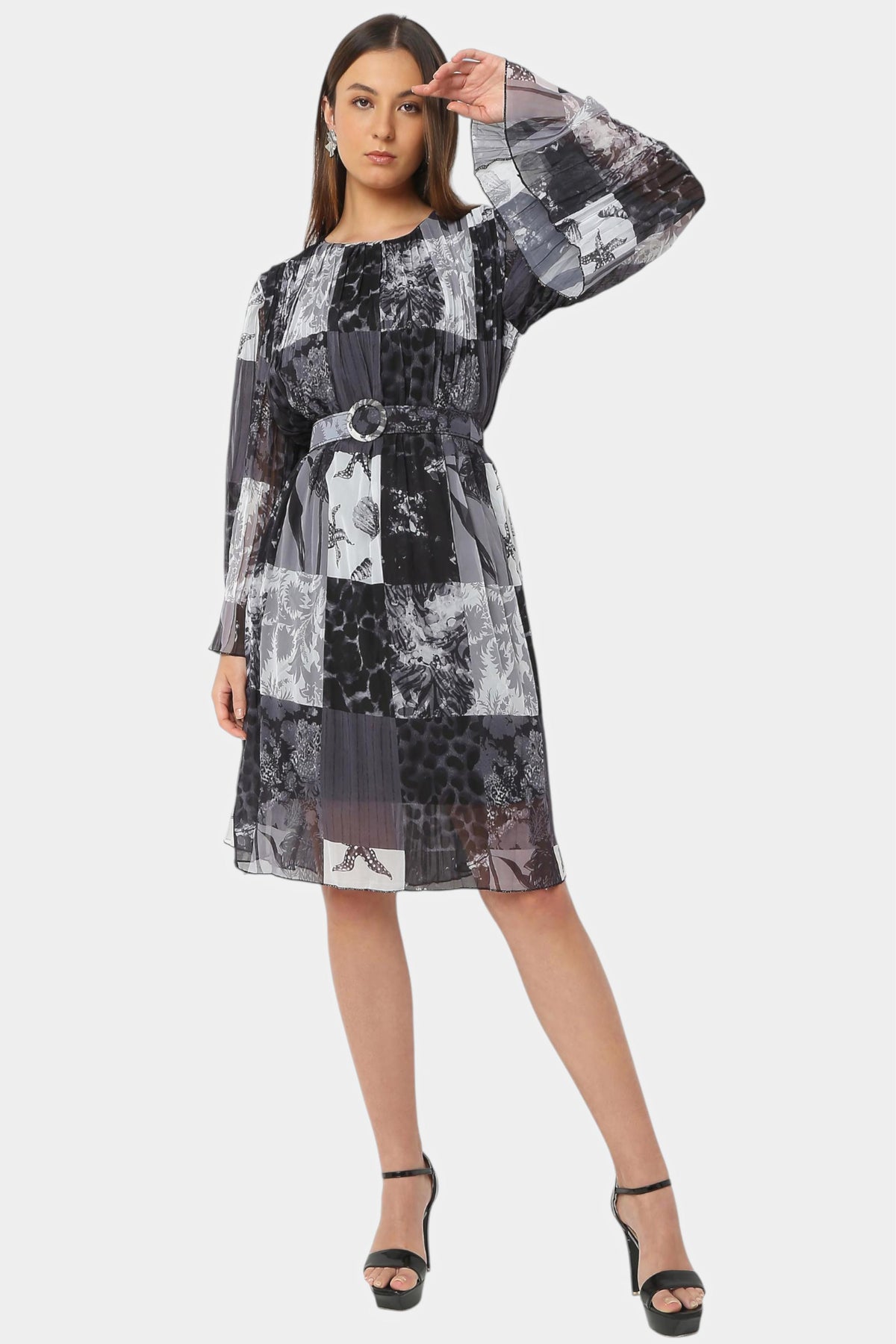 Patchwork Print Belted Dress with Bell Sleeves