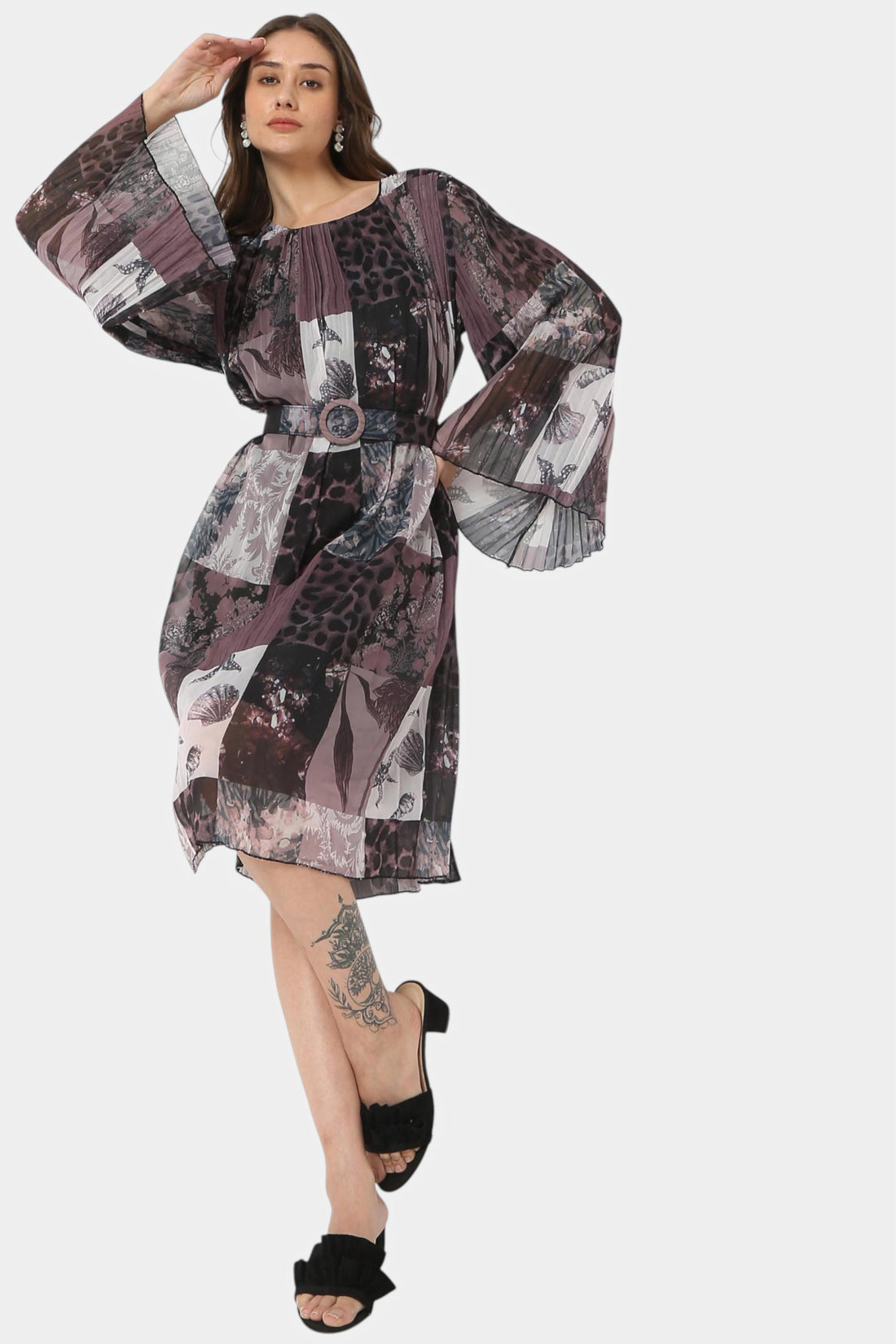 Patchwork Print Belted Dress with Bell Sleeves