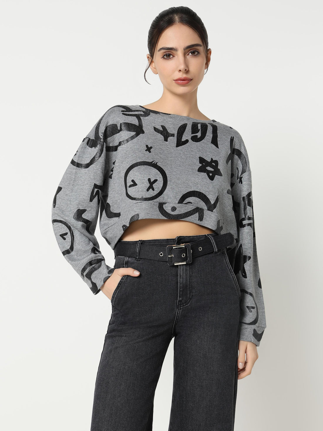 Grey Abstract Doodle Crop Top