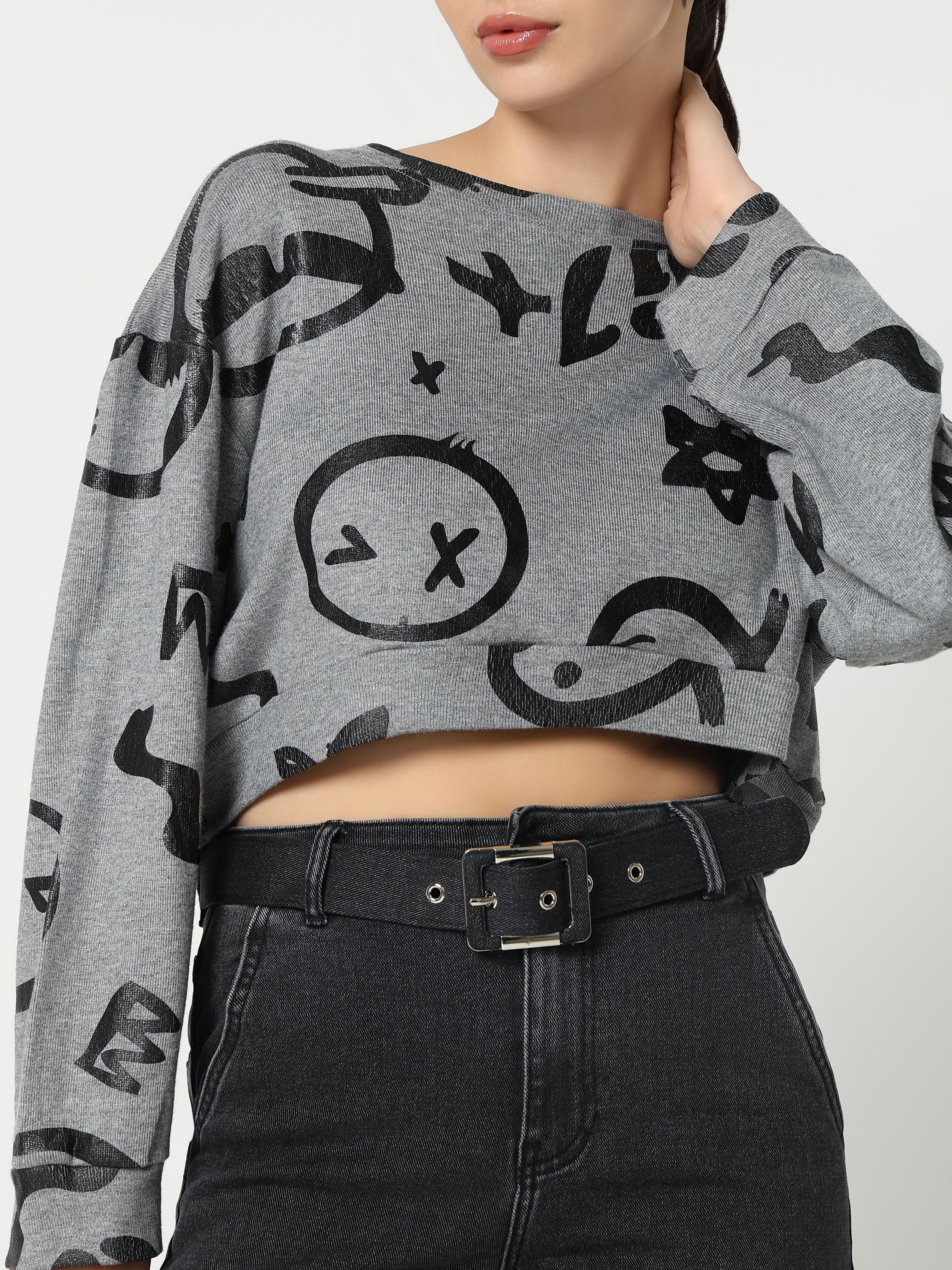 Grey Abstract Doodle Crop Top