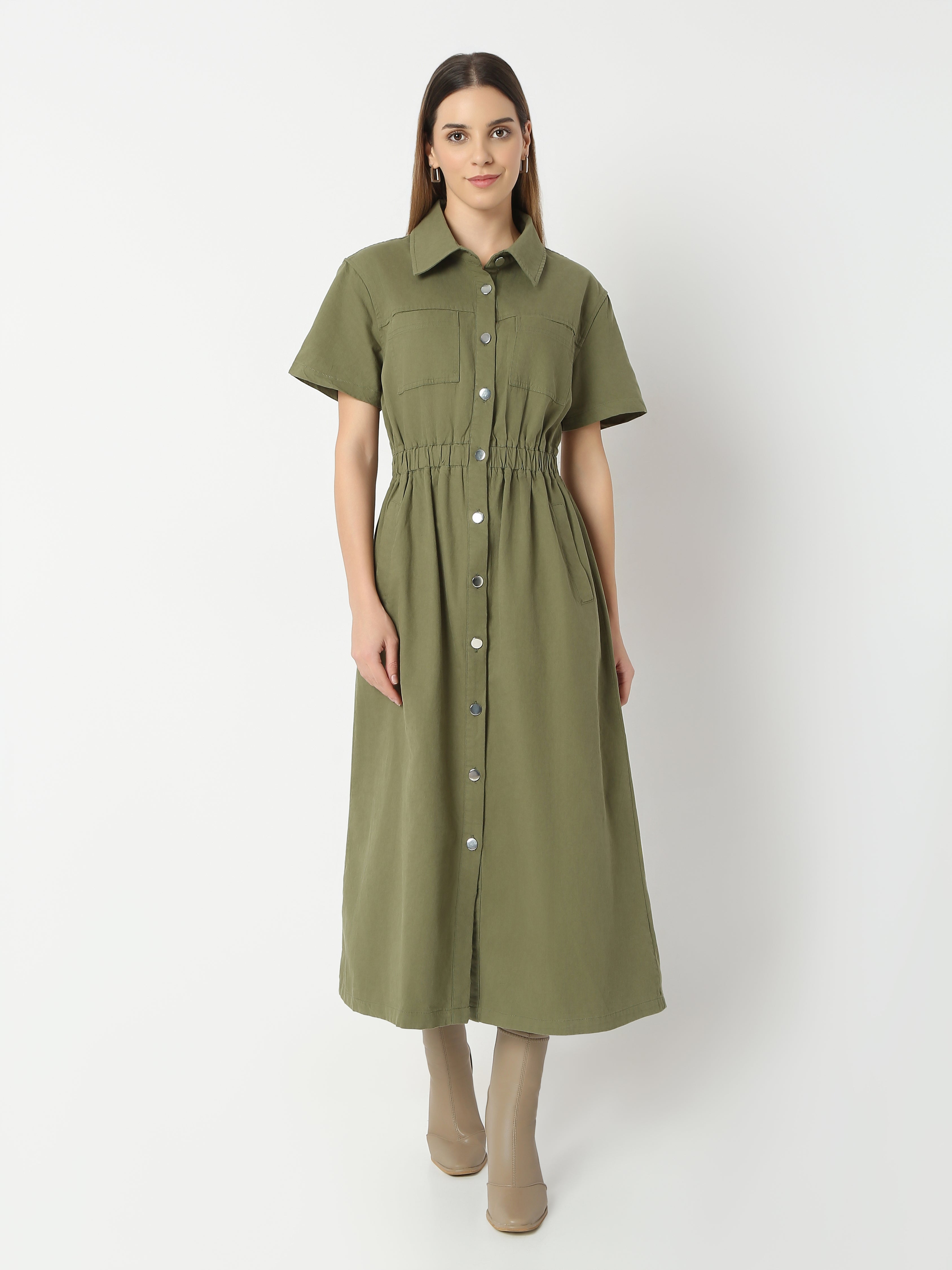 Women's Casual Olive Green Button-Down Shirt Dress