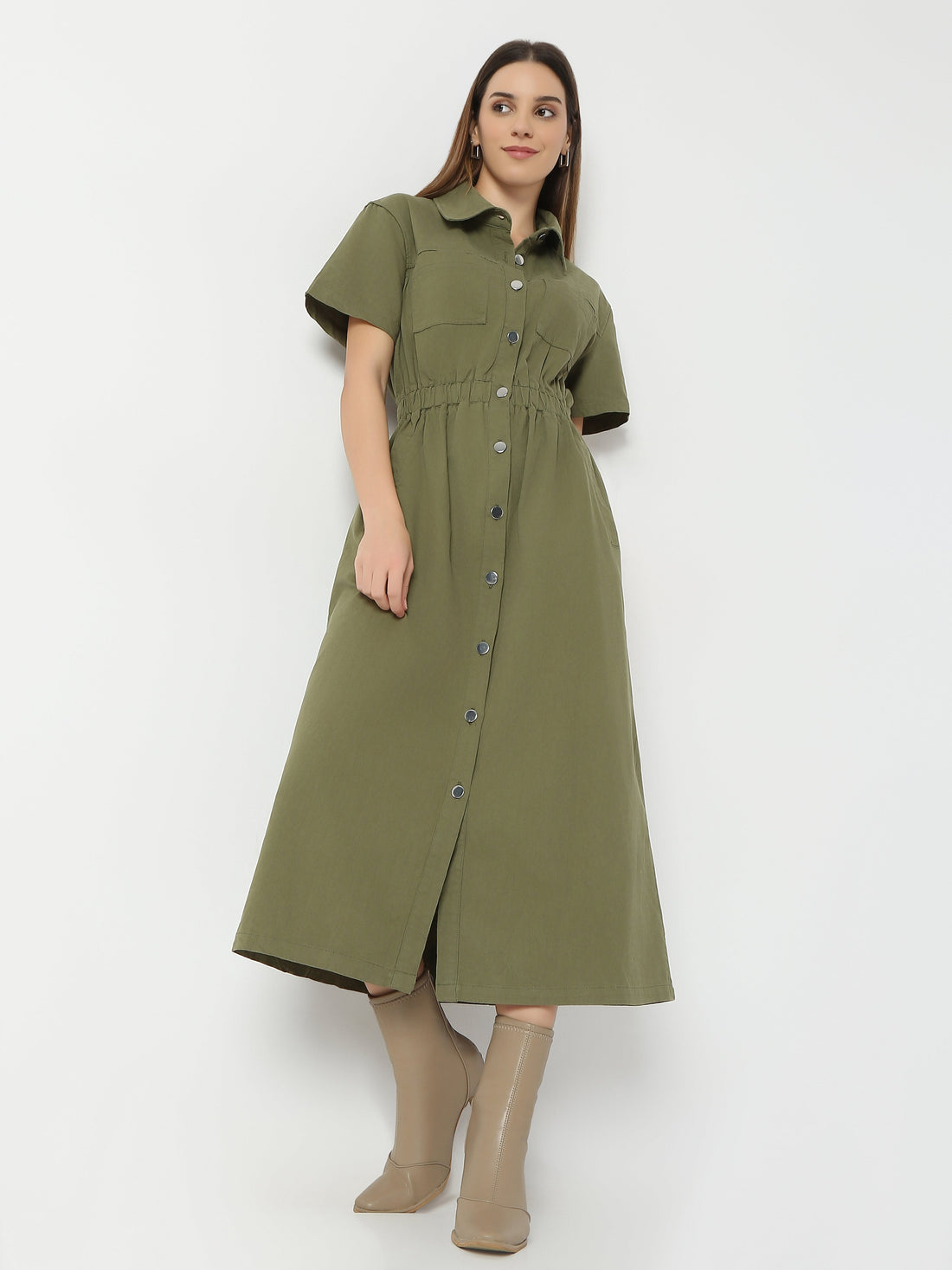 Women's Casual Olive Green Button-Down Shirt Dress