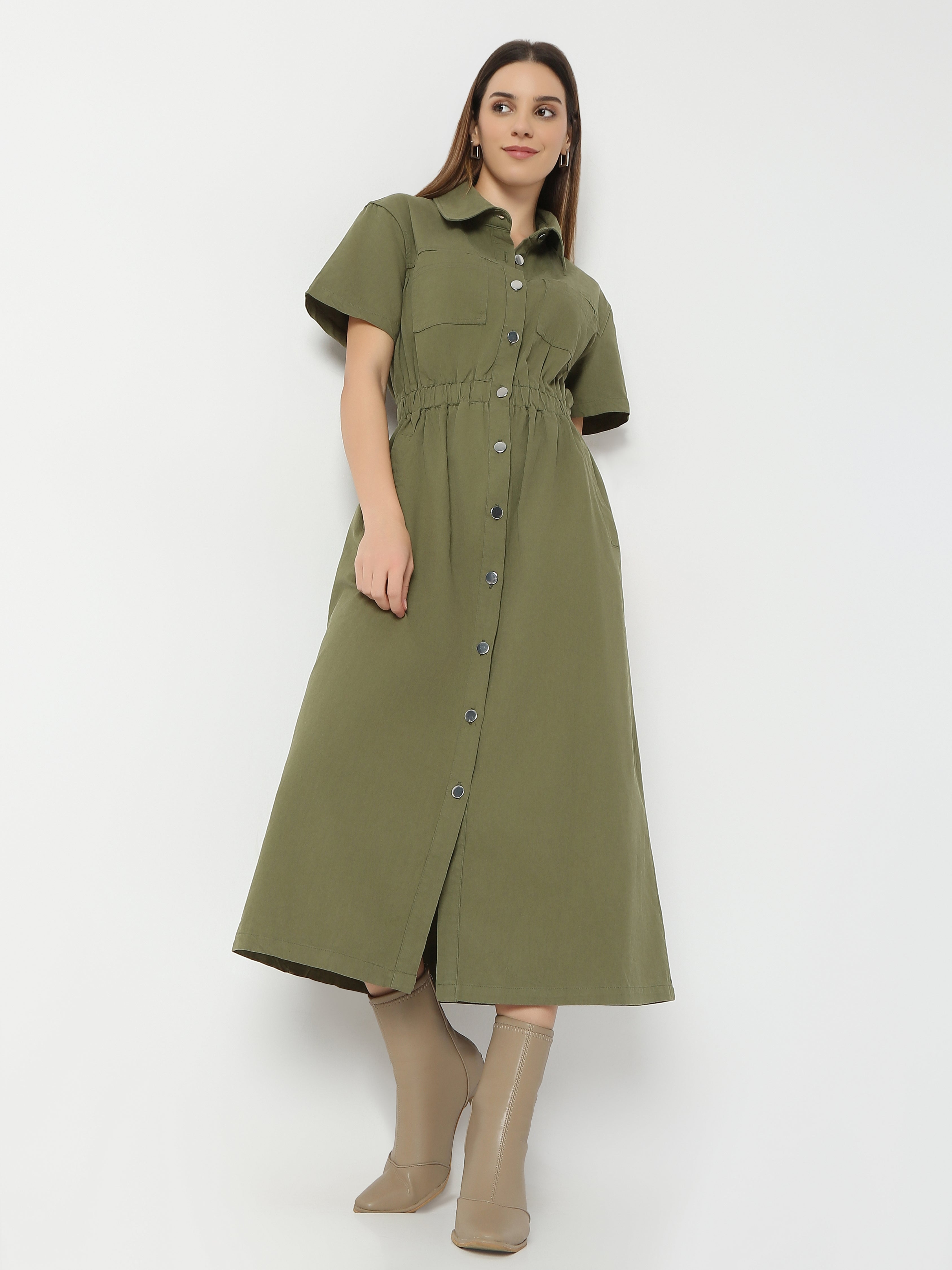 Women's Casual Olive Green Button-Down Shirt Dress