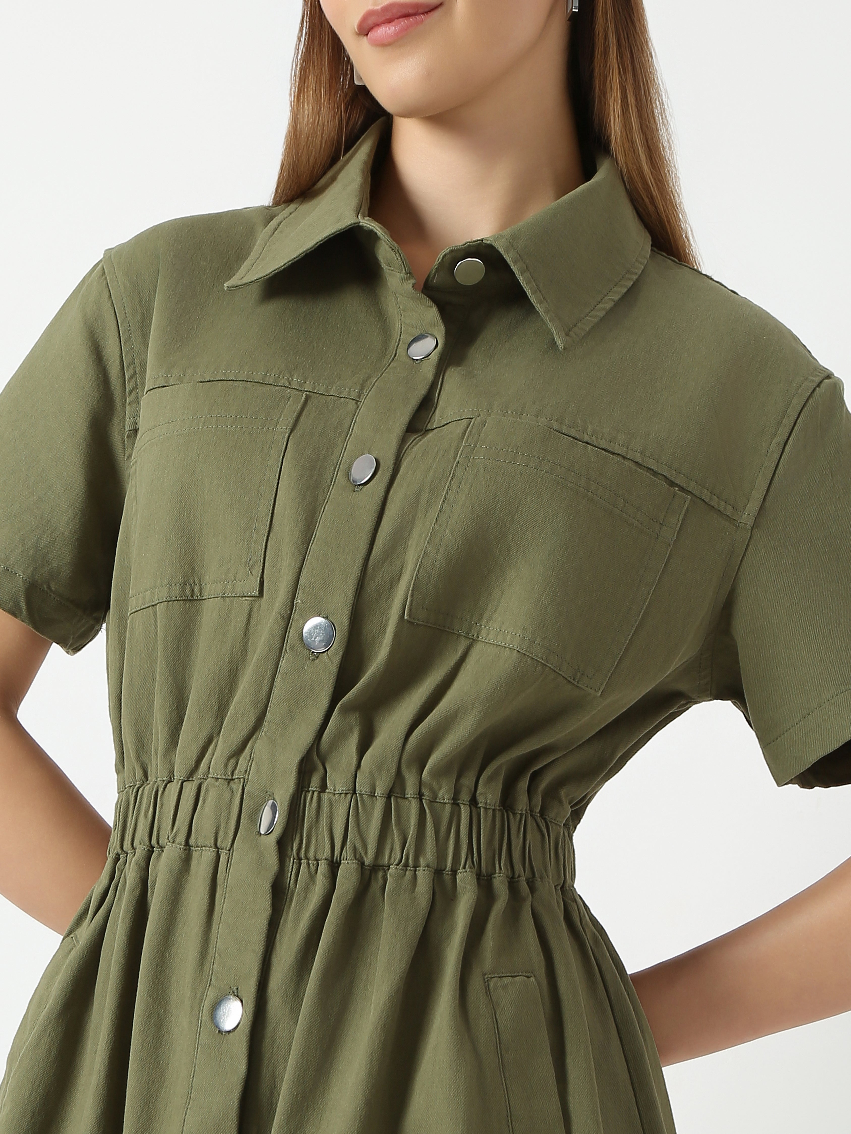 Women's Casual Olive Green Button-Down Shirt Dress