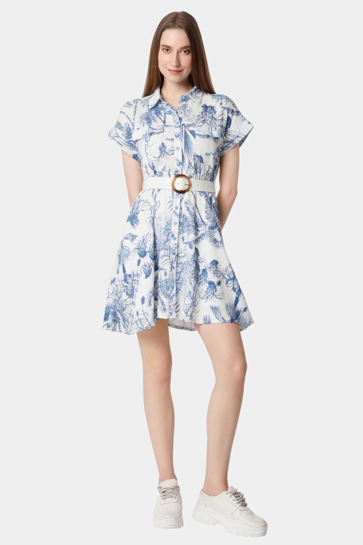 Tropical Print Belted Shirt Dress