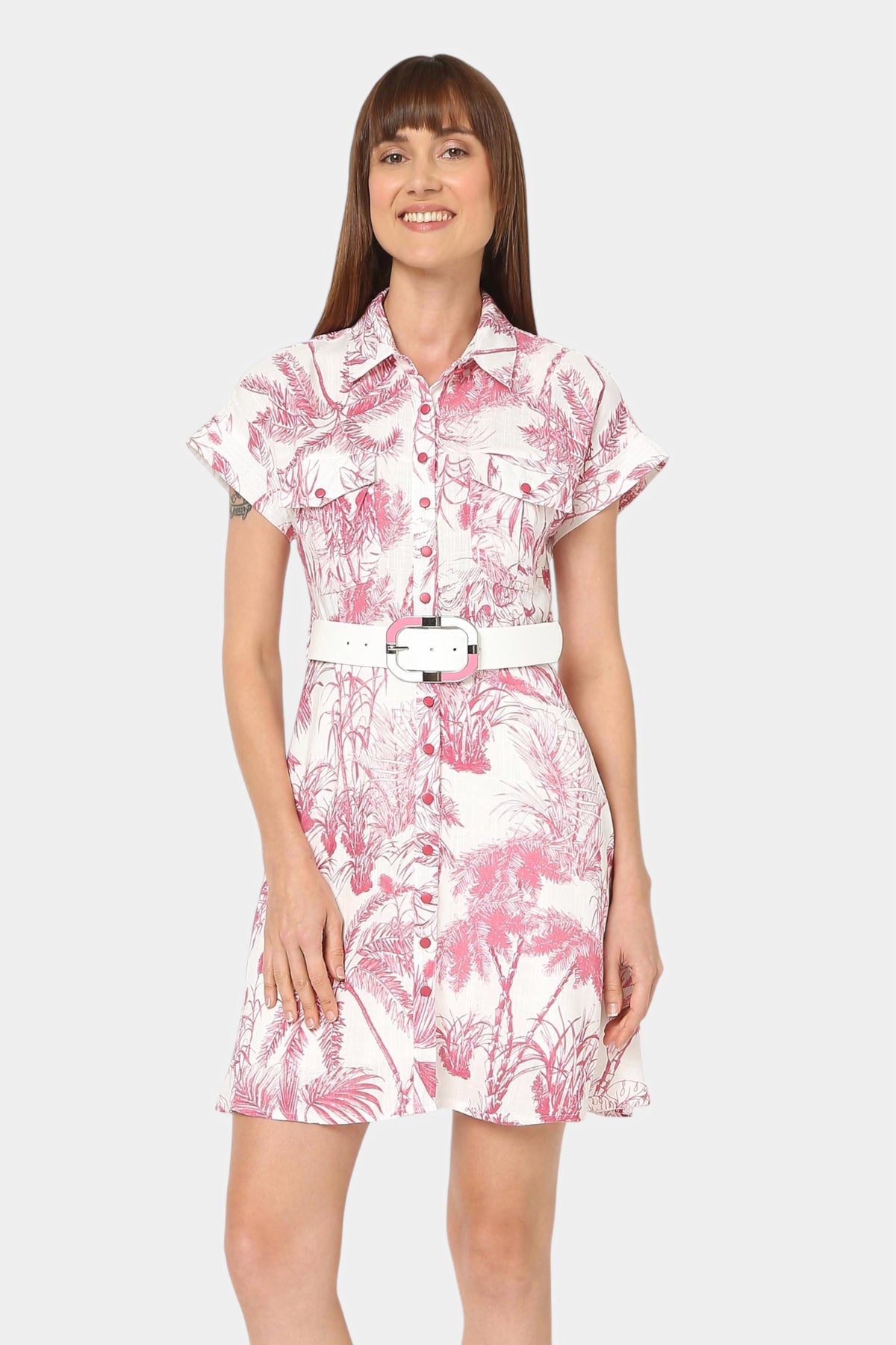 Tropical Print Belted Shirt Dress