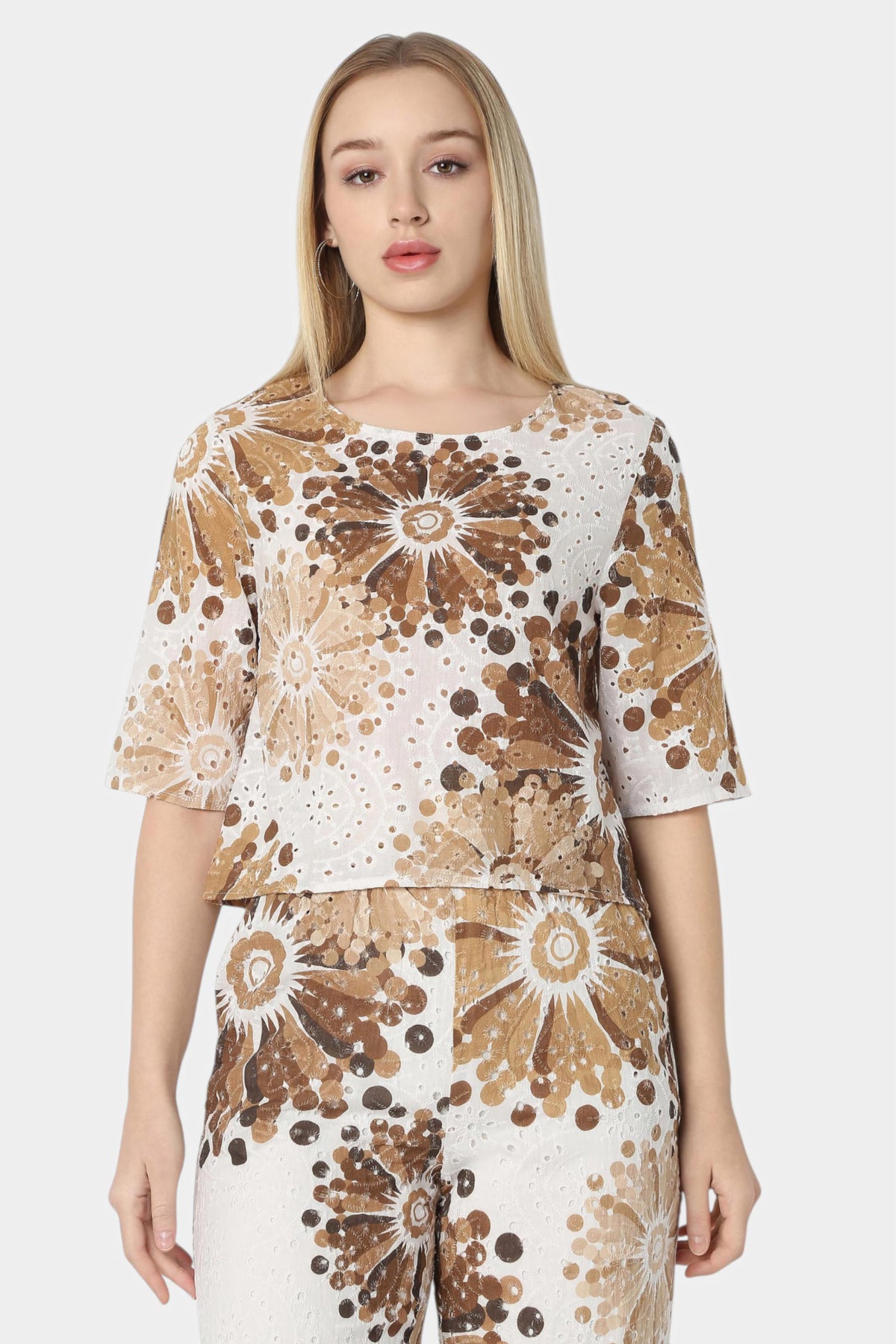Brown Floral Schiffli Top