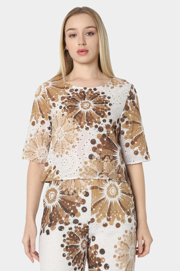Brown Floral Schiffli Top