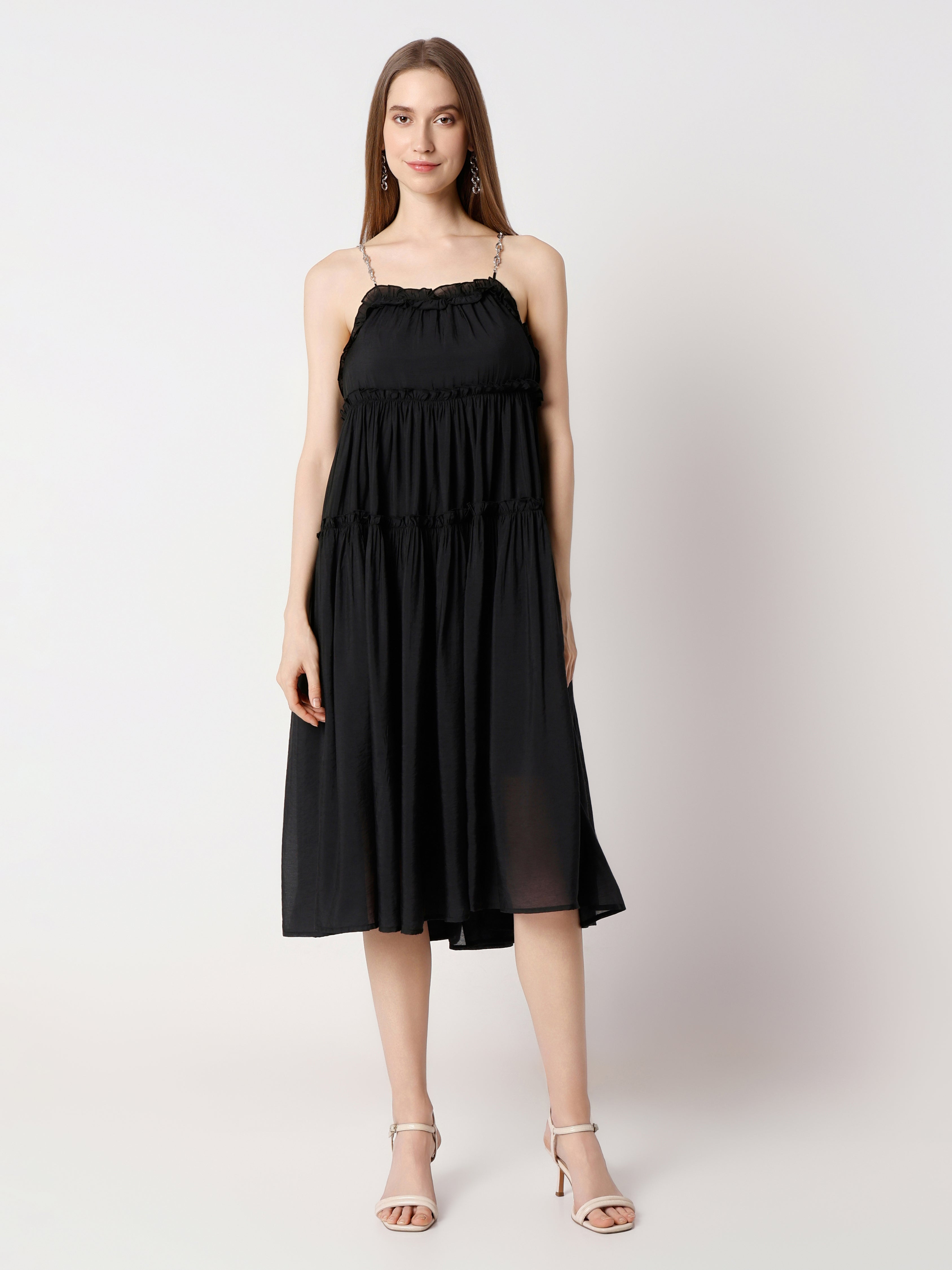 Women's Tiered Midi Dress with Chain Straps