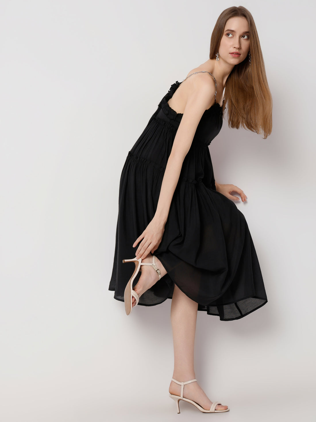 Women's Tiered Midi Dress with Chain Straps