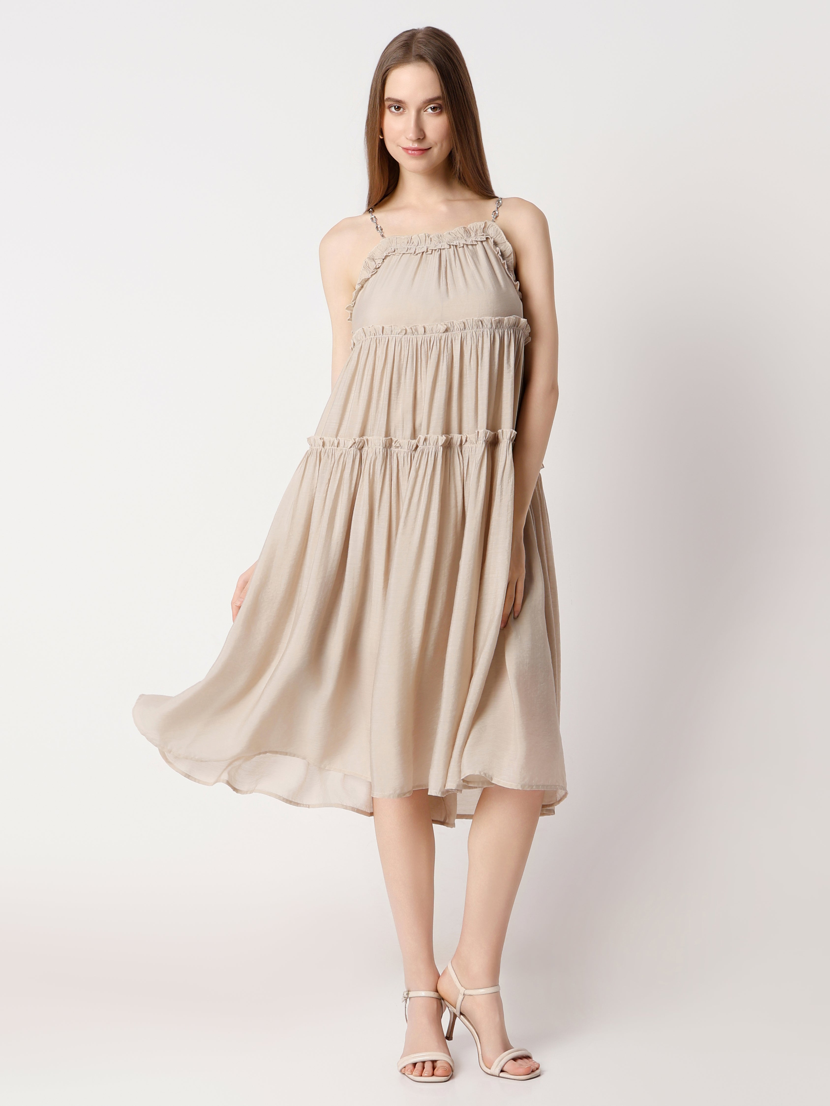 Women's Tiered Midi Dress with Chain Straps