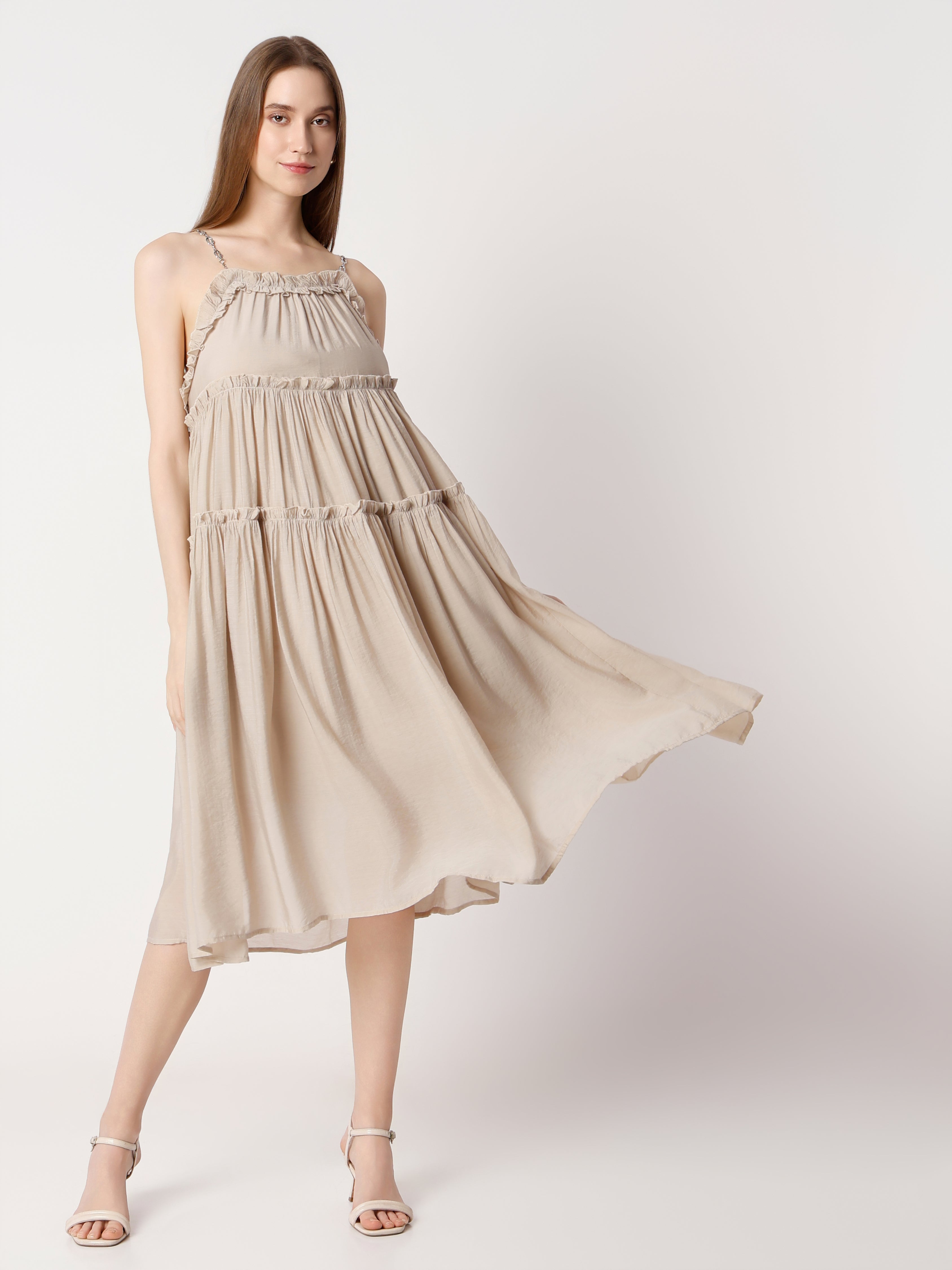 Women's Tiered Midi Dress with Chain Straps