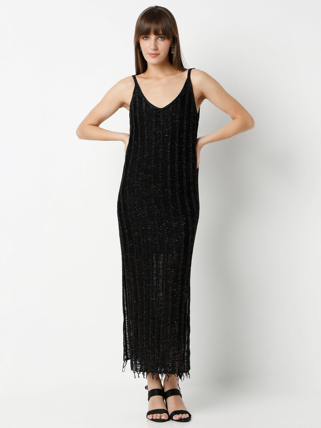 Women's Sleek V-Neck Sleeveless Maxi Dress with Textured Detail