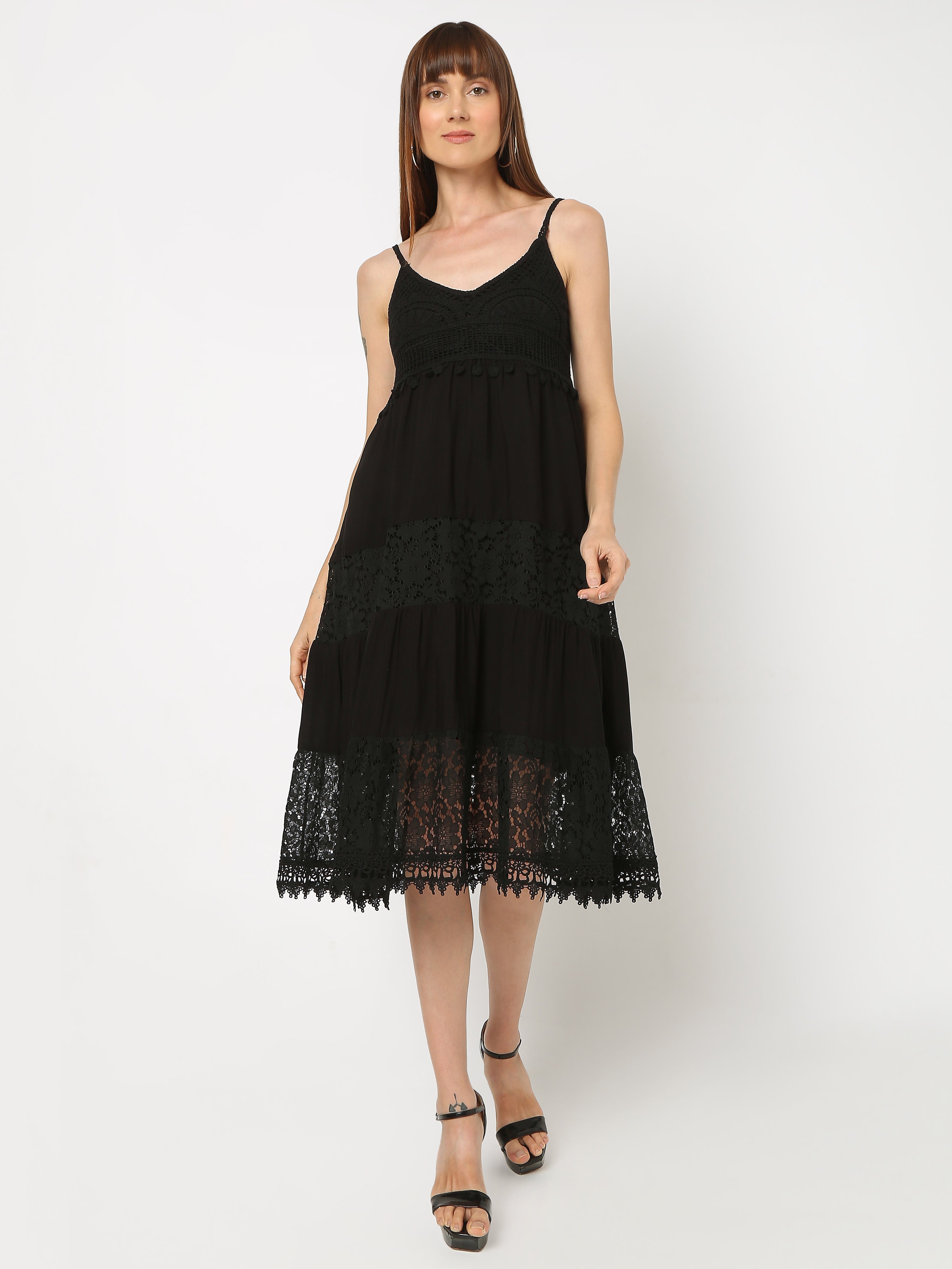Women's Lace-Detail Midi Dress with Spaghetti Straps