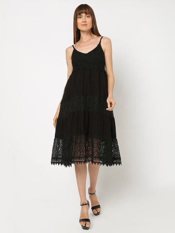 Women's Lace-Detail Midi Dress with Spaghetti Straps