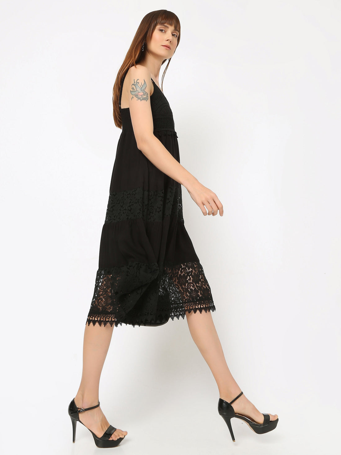 Women's Lace-Detail Midi Dress with Spaghetti Straps