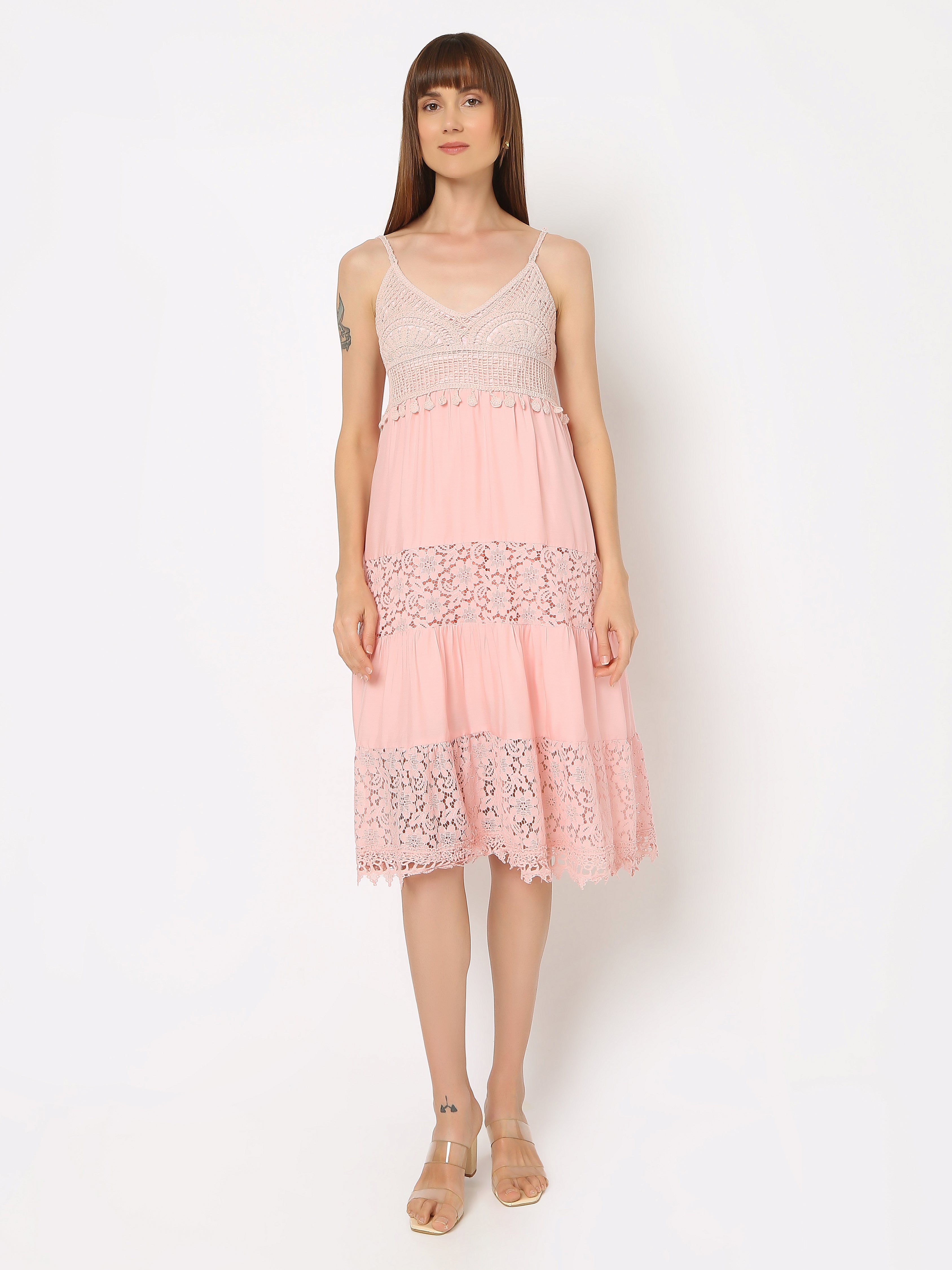 Women's Lace-Detail Midi Dress with Spaghetti Straps