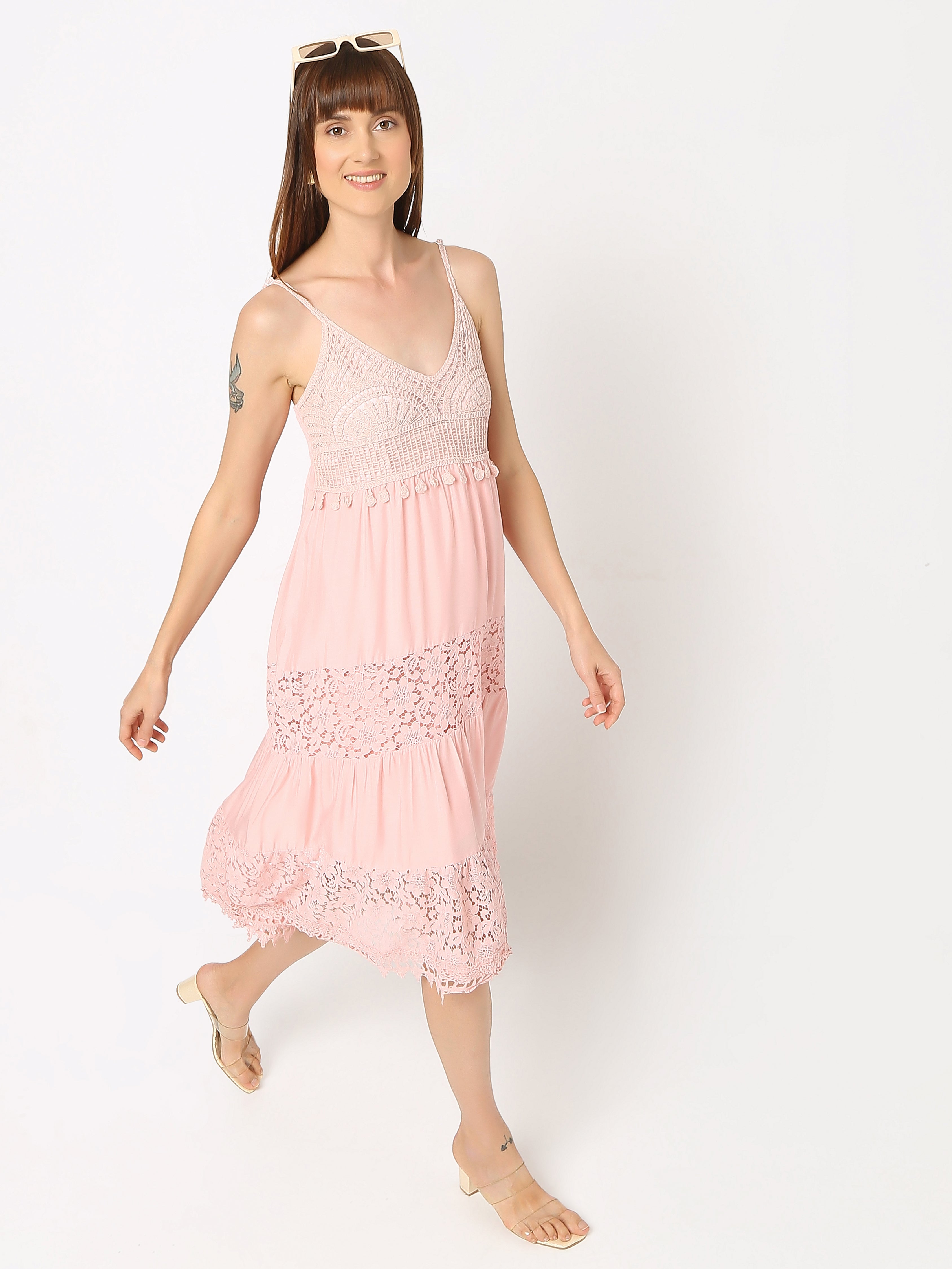Women's Lace-Detail Midi Dress with Spaghetti Straps