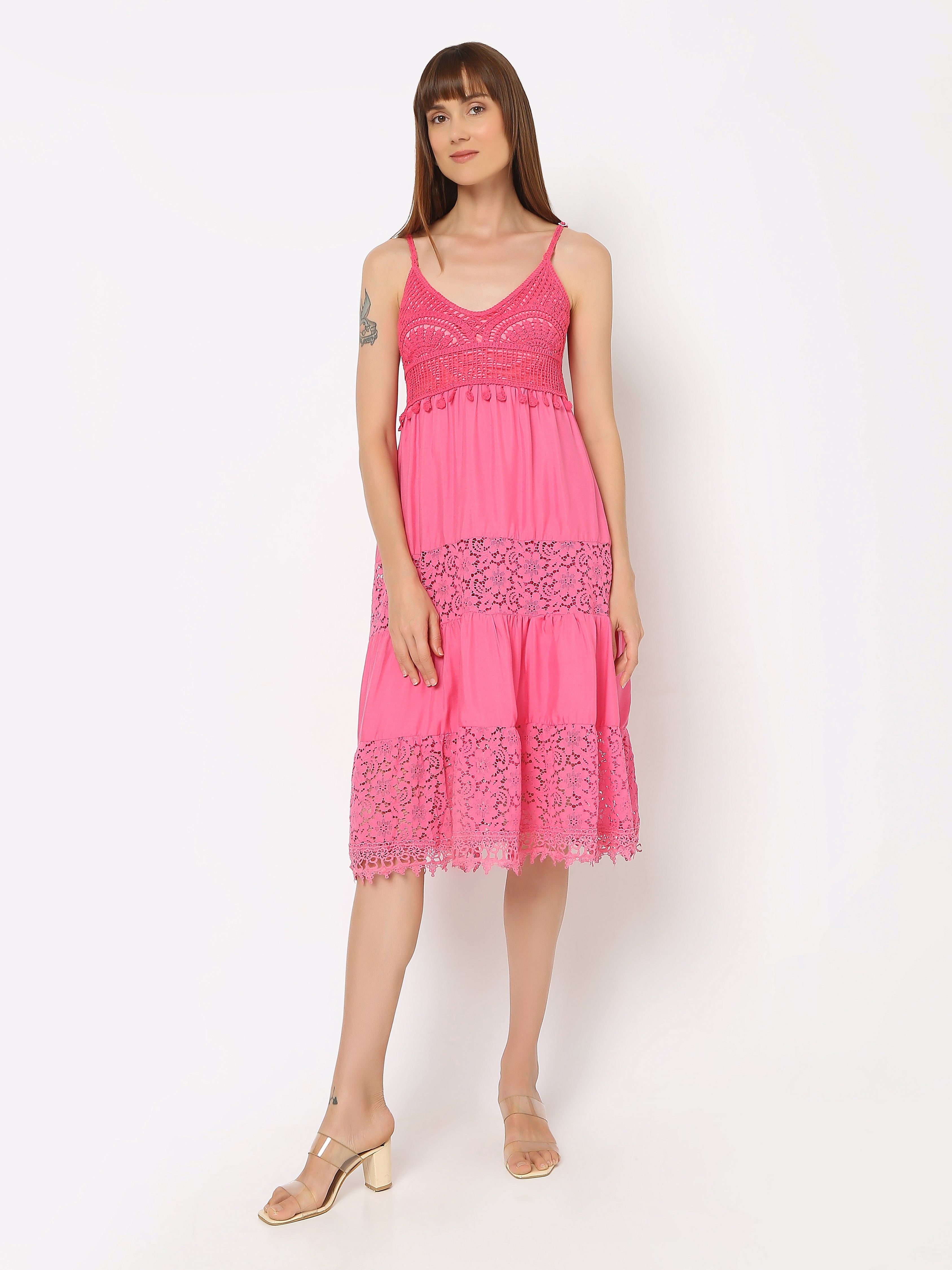 Women's Lace-Detail Midi Dress with Spaghetti Straps