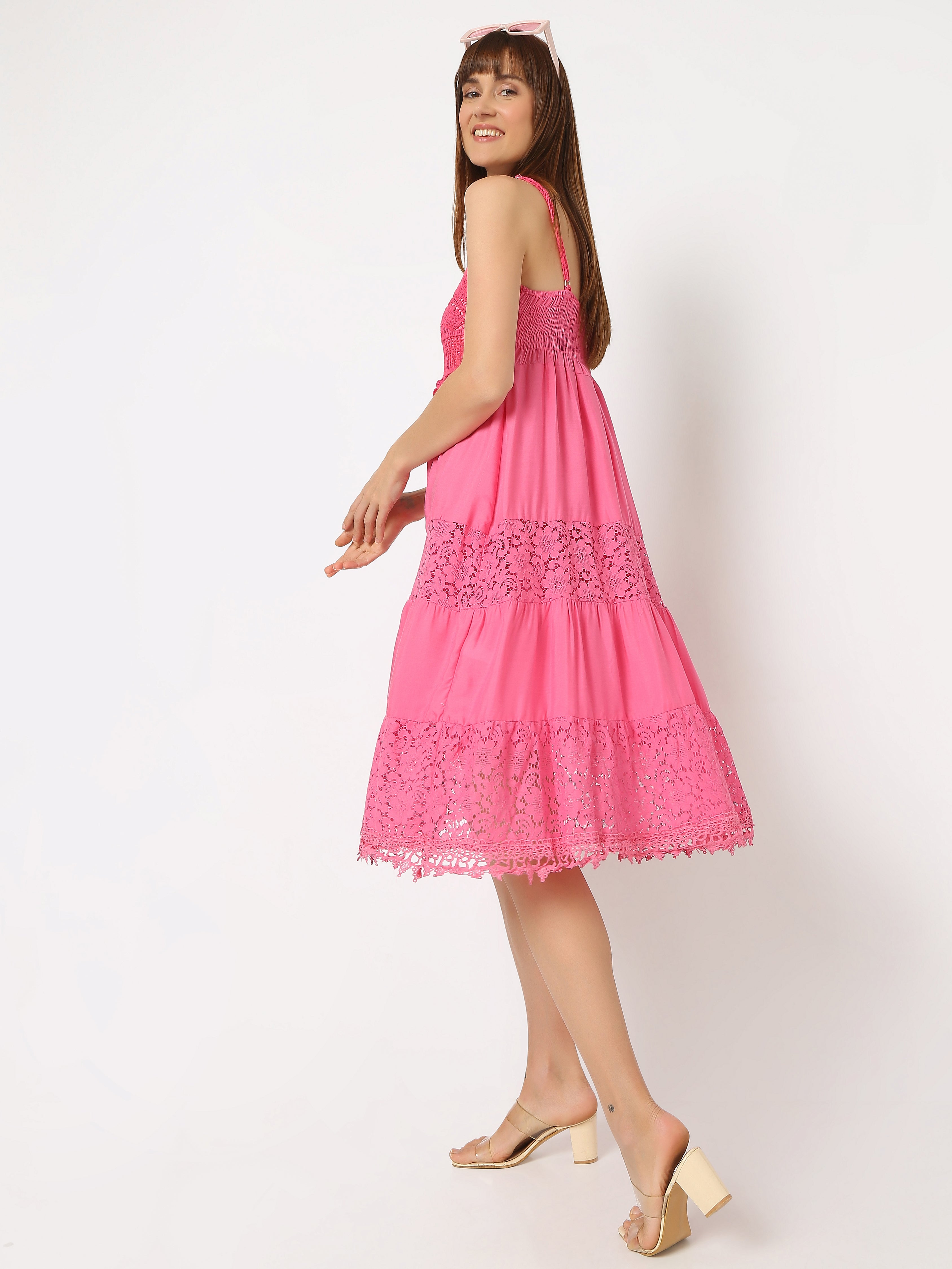 Women's Lace-Detail Midi Dress with Spaghetti Straps
