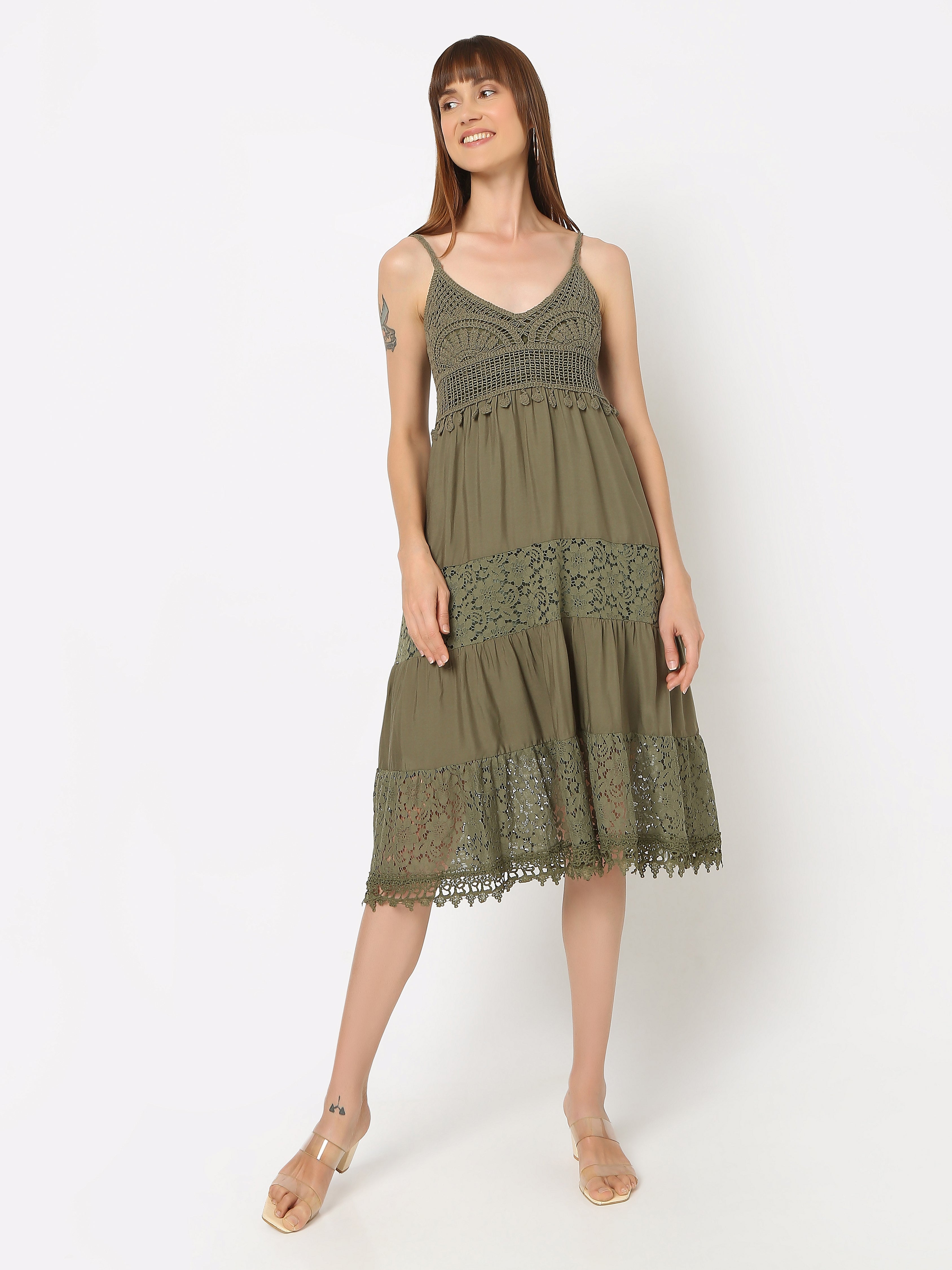 Women's Lace-Detail Midi Dress with Spaghetti Straps