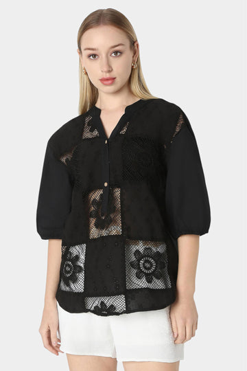 Black Lace Panel Top with Tie-Up Neck