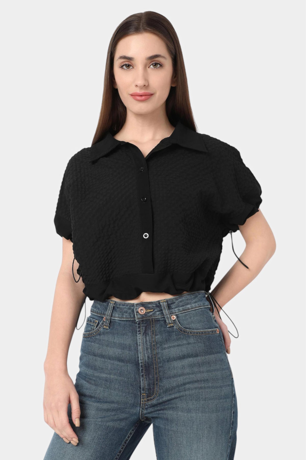 Black Textured Crop Shirt with Drawstring Hem
