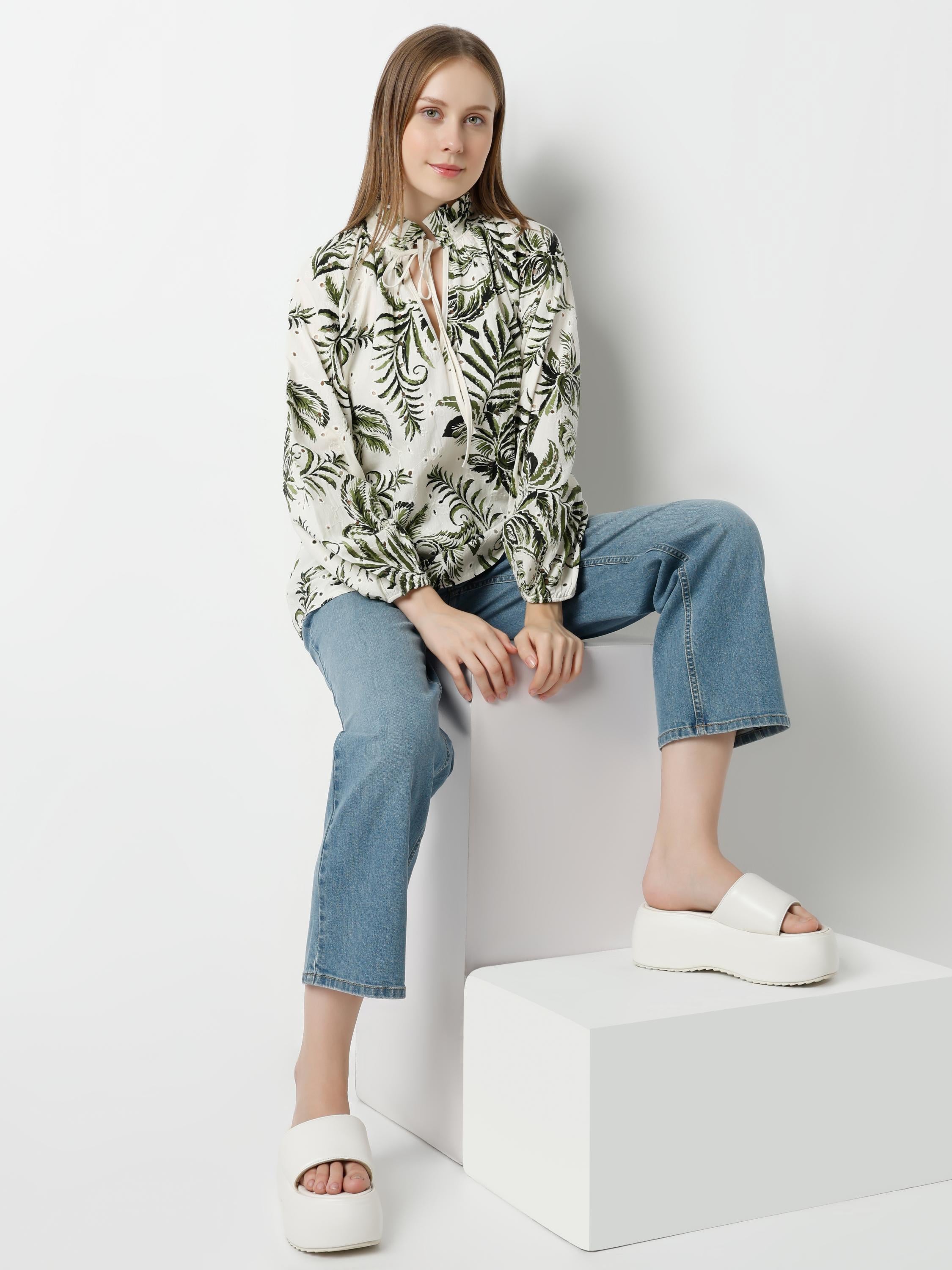 Tropical Fern Print High-Neck Tie-Up Blouse
