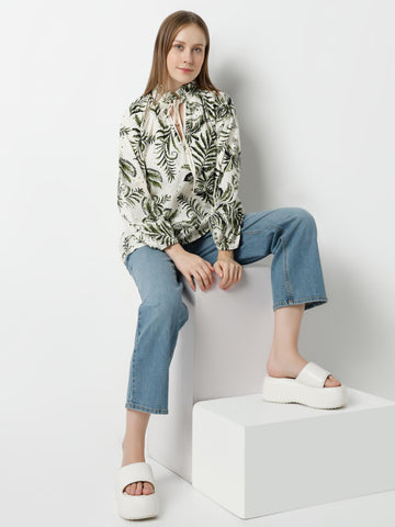 Tropical Fern Print High-Neck Tie-Up Blouse