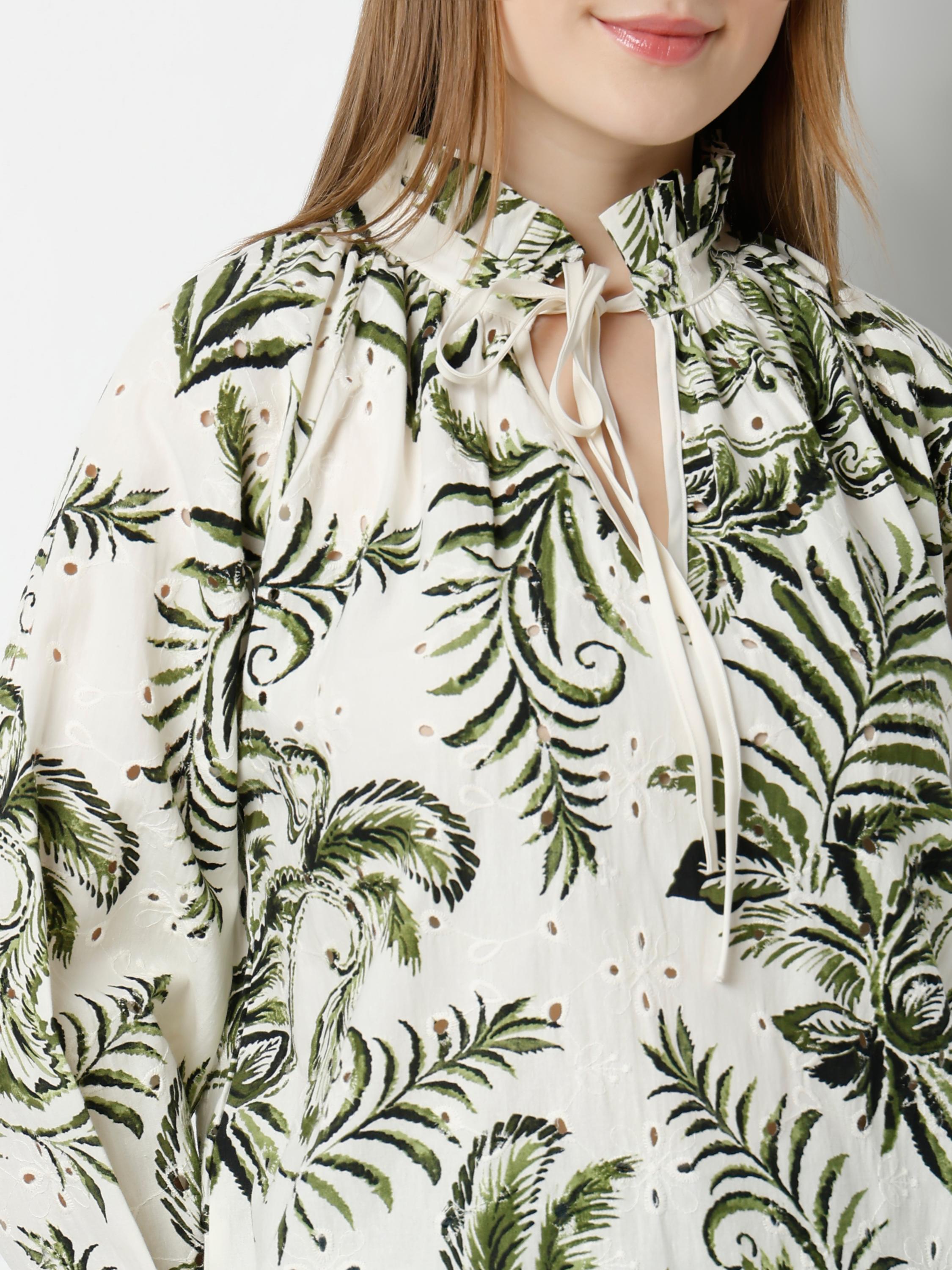Tropical Fern Print High-Neck Tie-Up Blouse