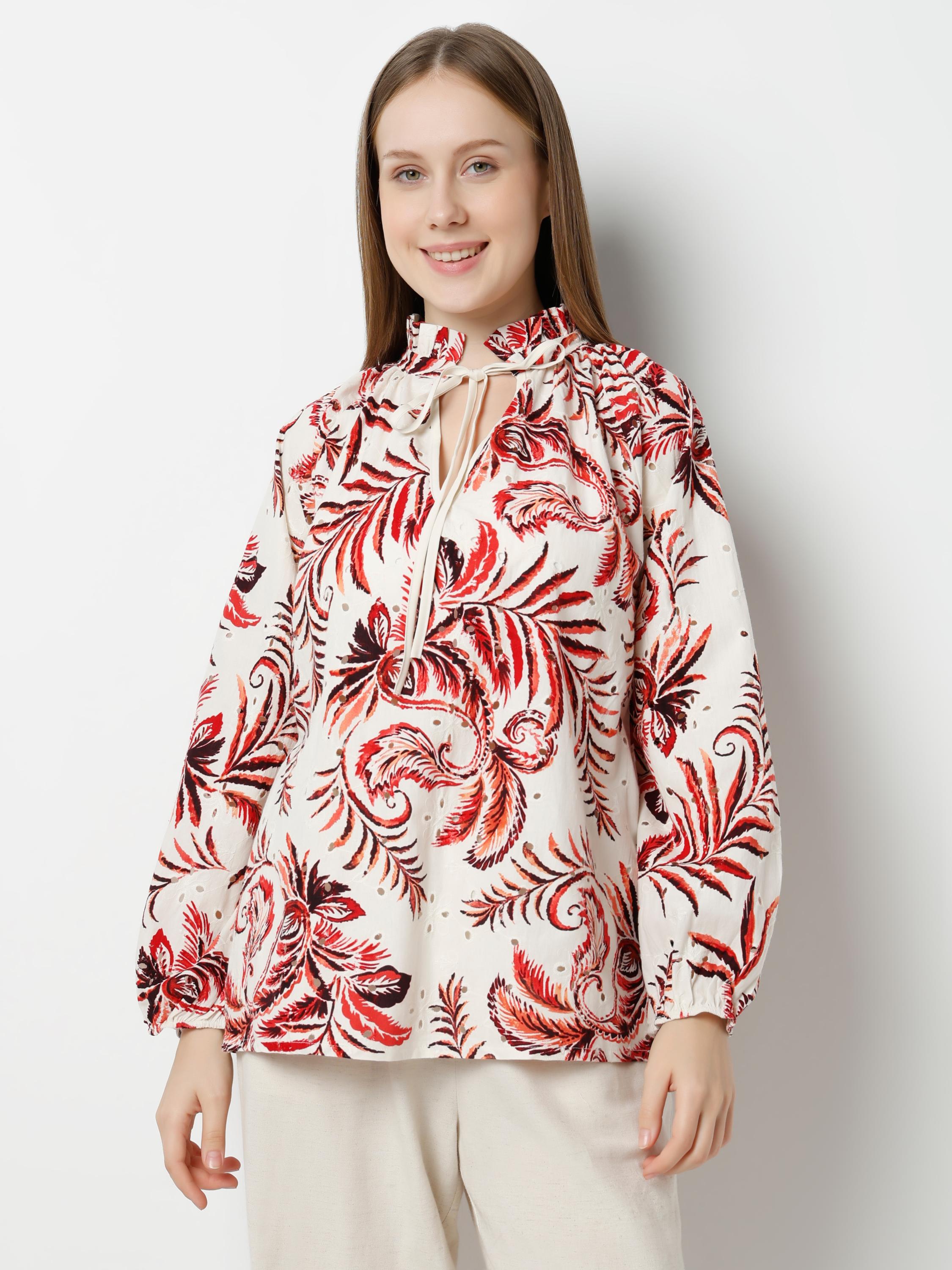 Tropical Fern Print High-Neck Tie-Up Blouse