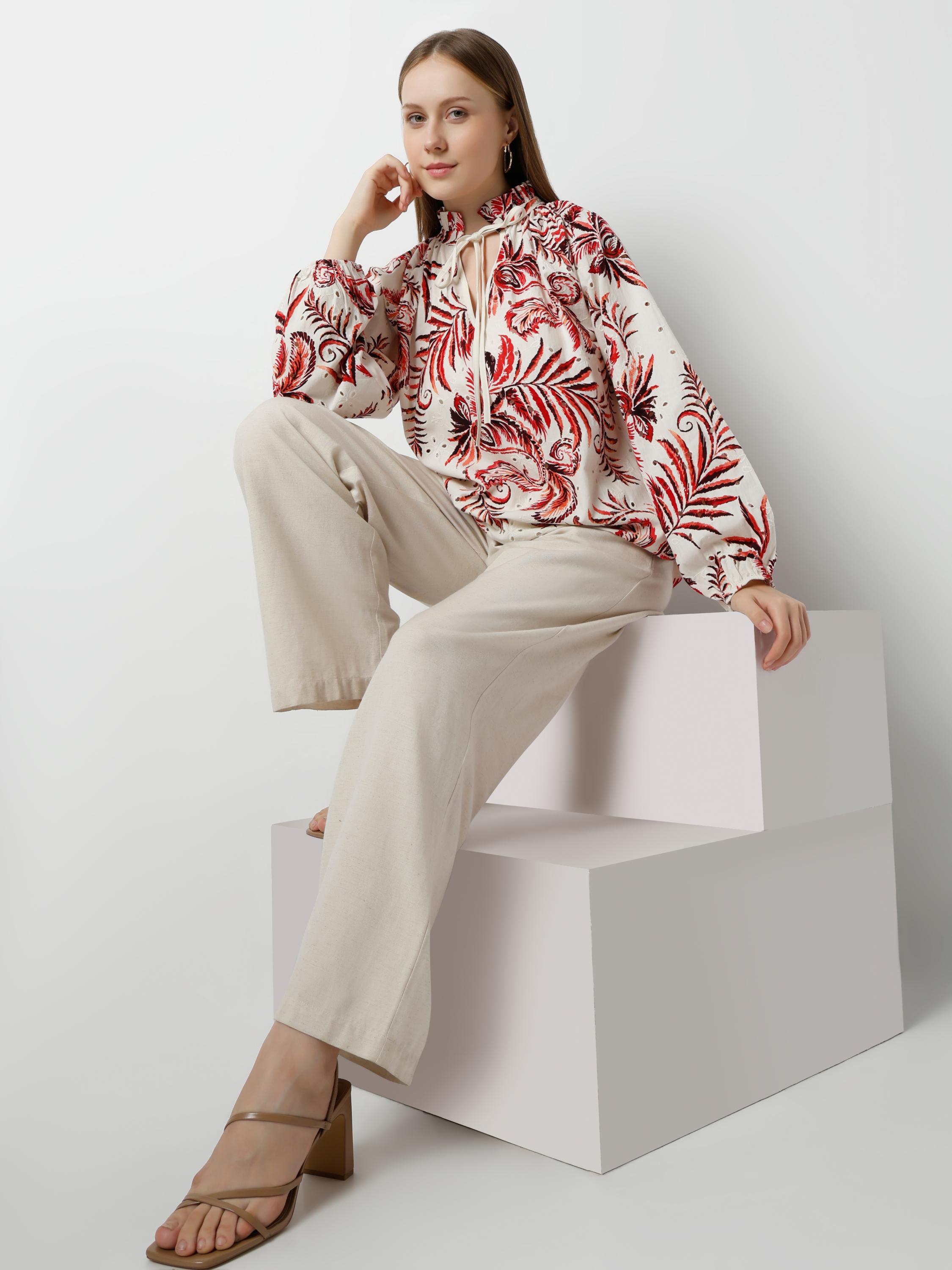 Tropical Fern Print High-Neck Tie-Up Blouse
