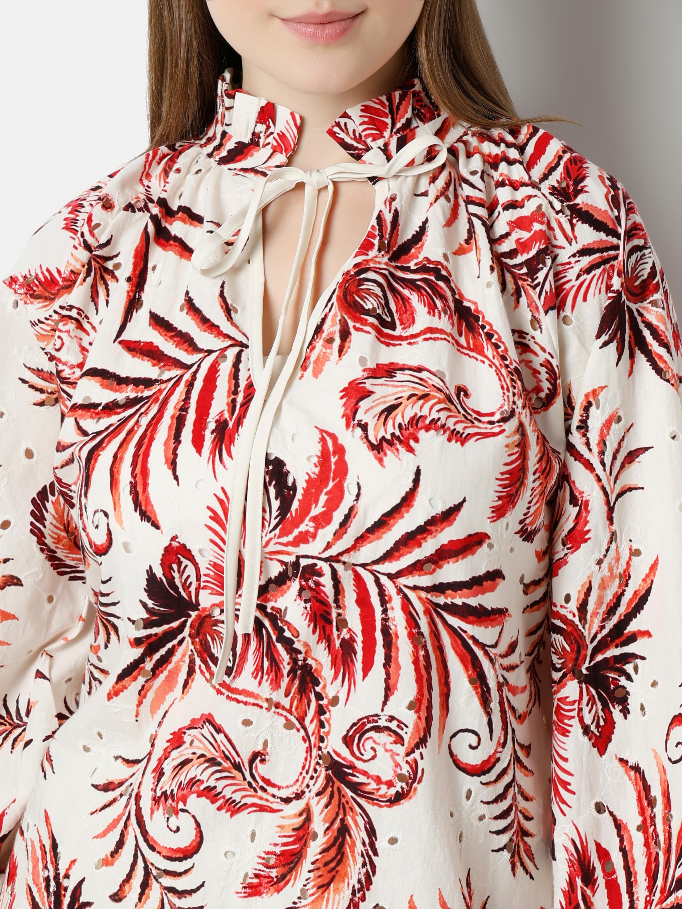 Tropical Fern Print High-Neck Tie-Up Blouse