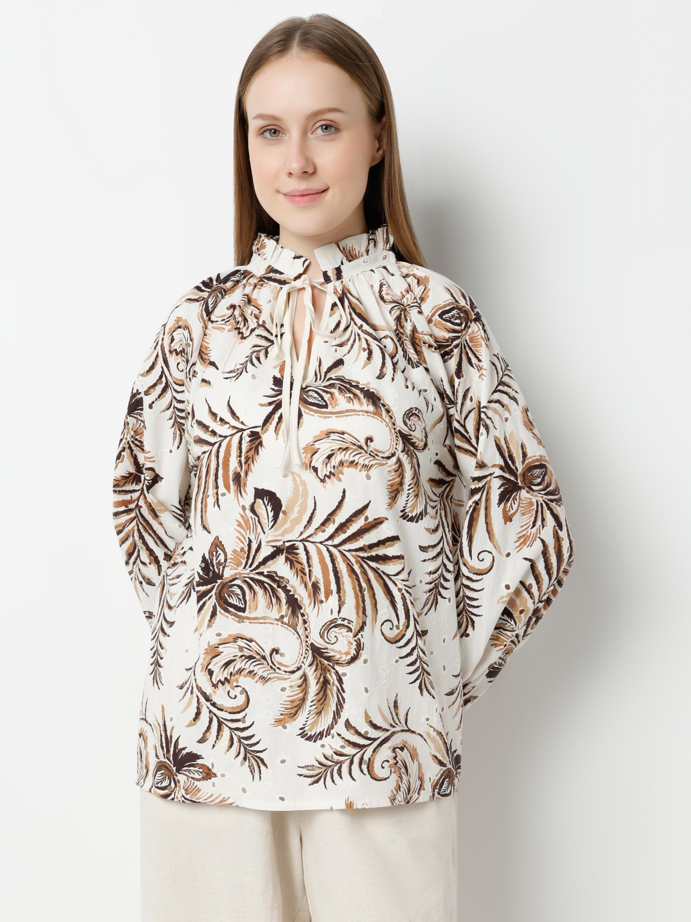 Tropical Fern Print High-Neck Tie-Up Blouse