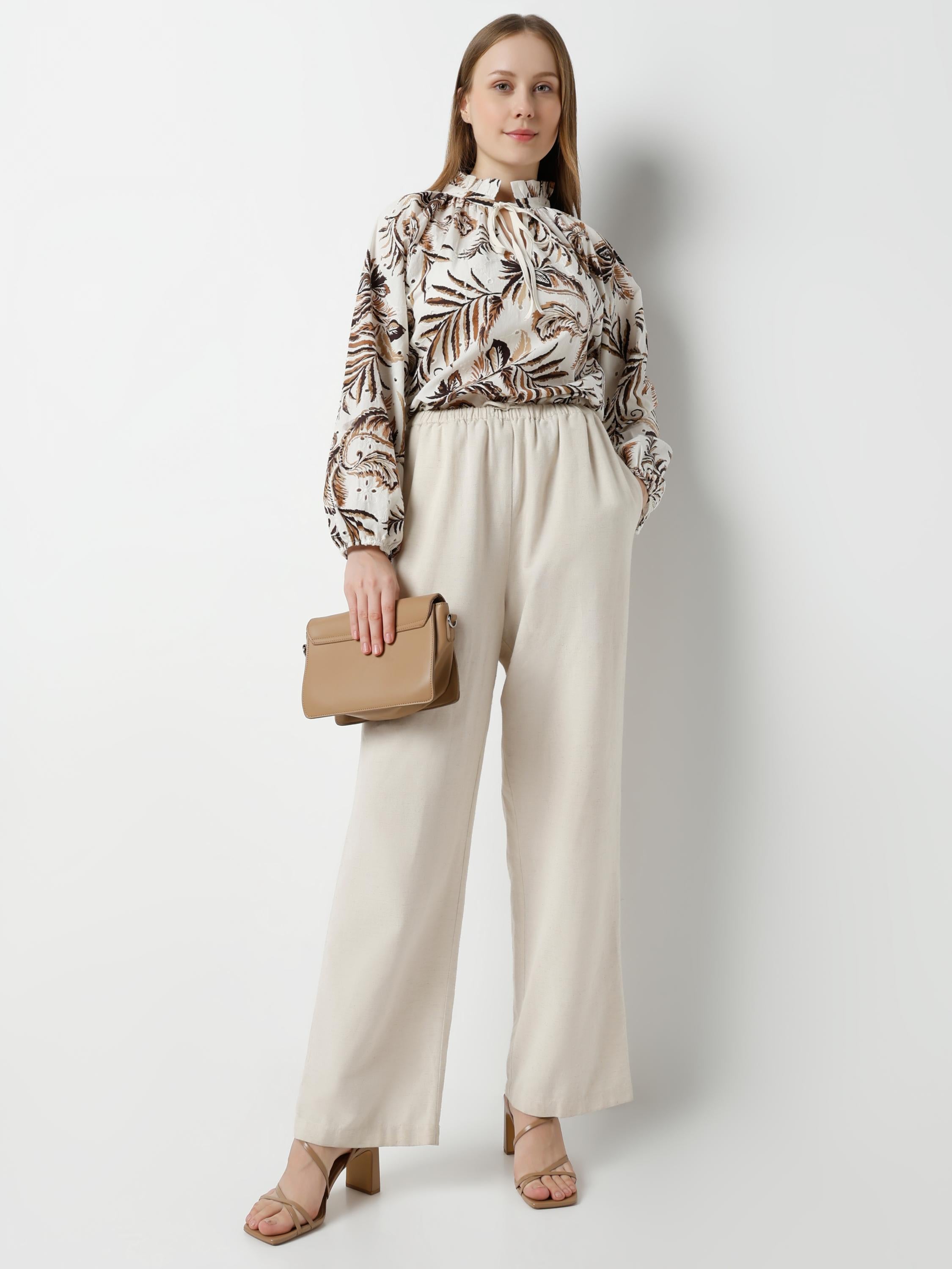 Tropical Fern Print High-Neck Tie-Up Blouse