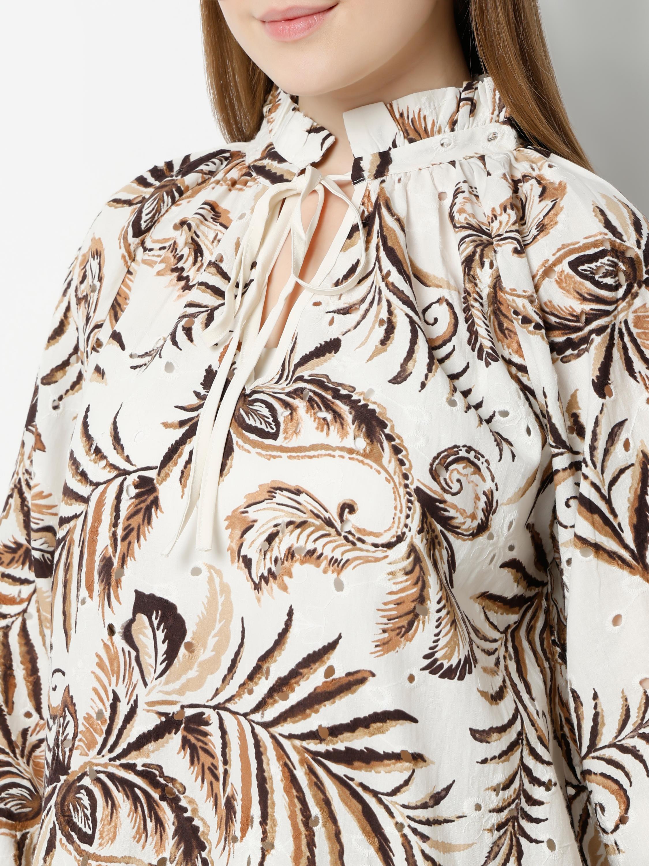 Tropical Fern Print High-Neck Tie-Up Blouse