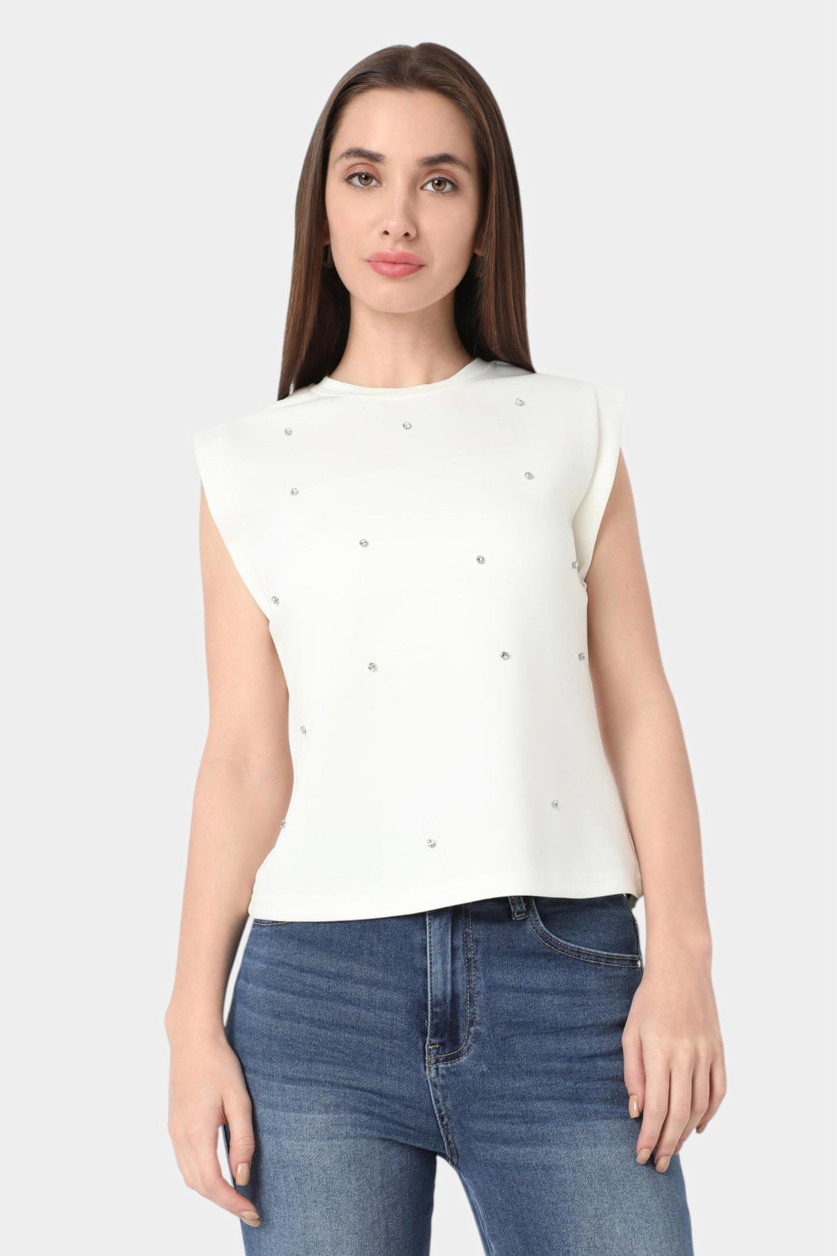 White Embellished Sleeveless Top