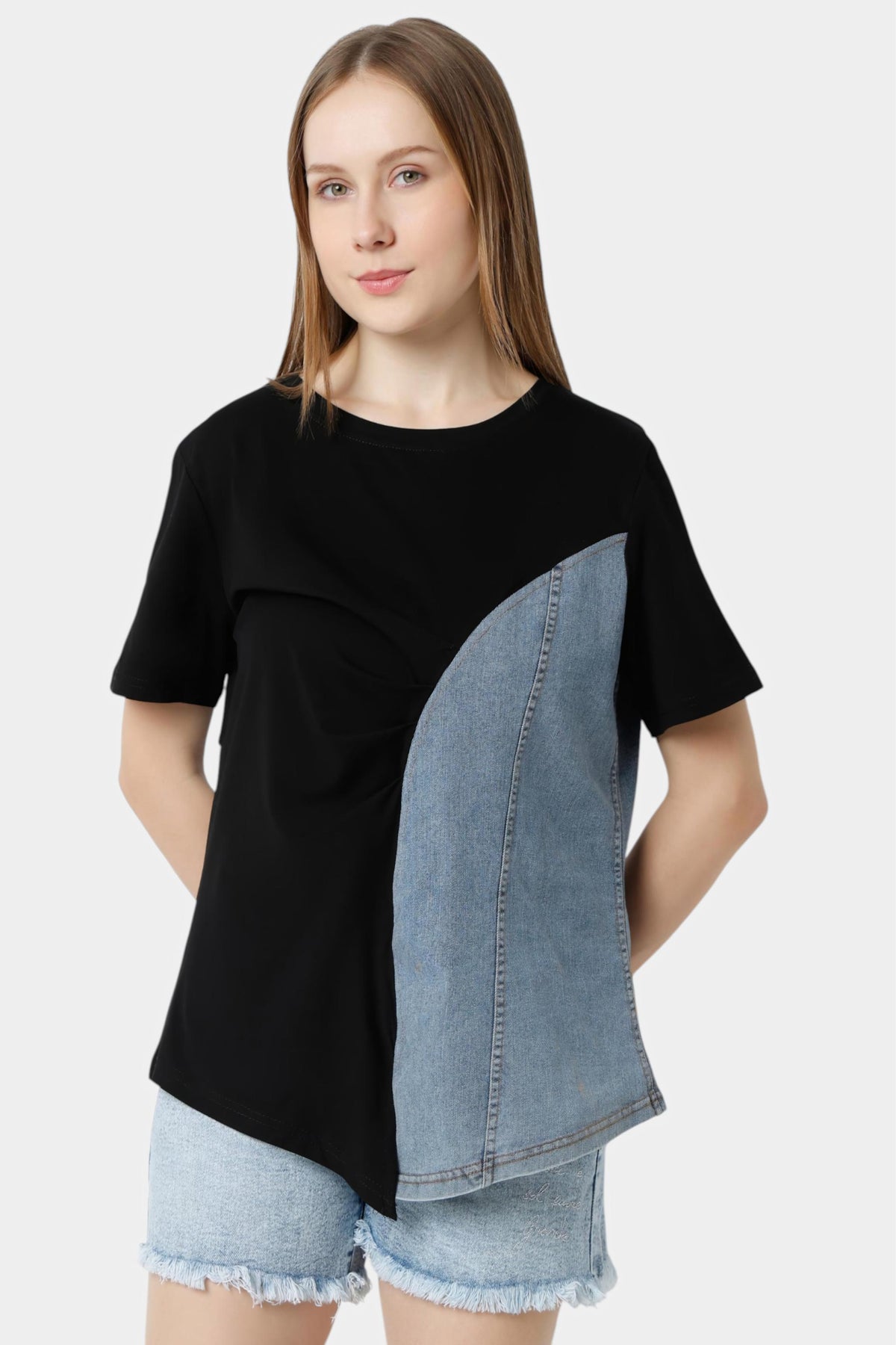 Denim Panel Asymmetric Top