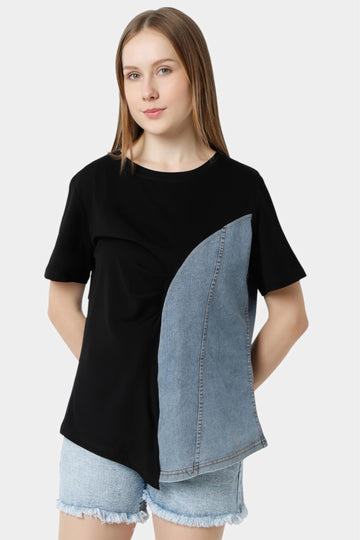 Denim Panel Asymmetric Top