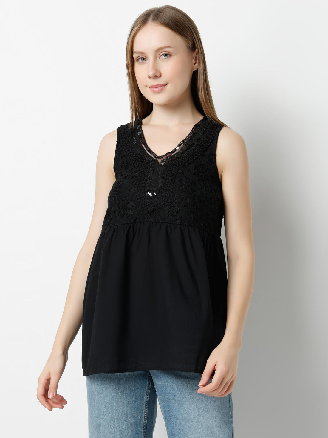 Embroidered Lace V-Neck Sleeveless Top