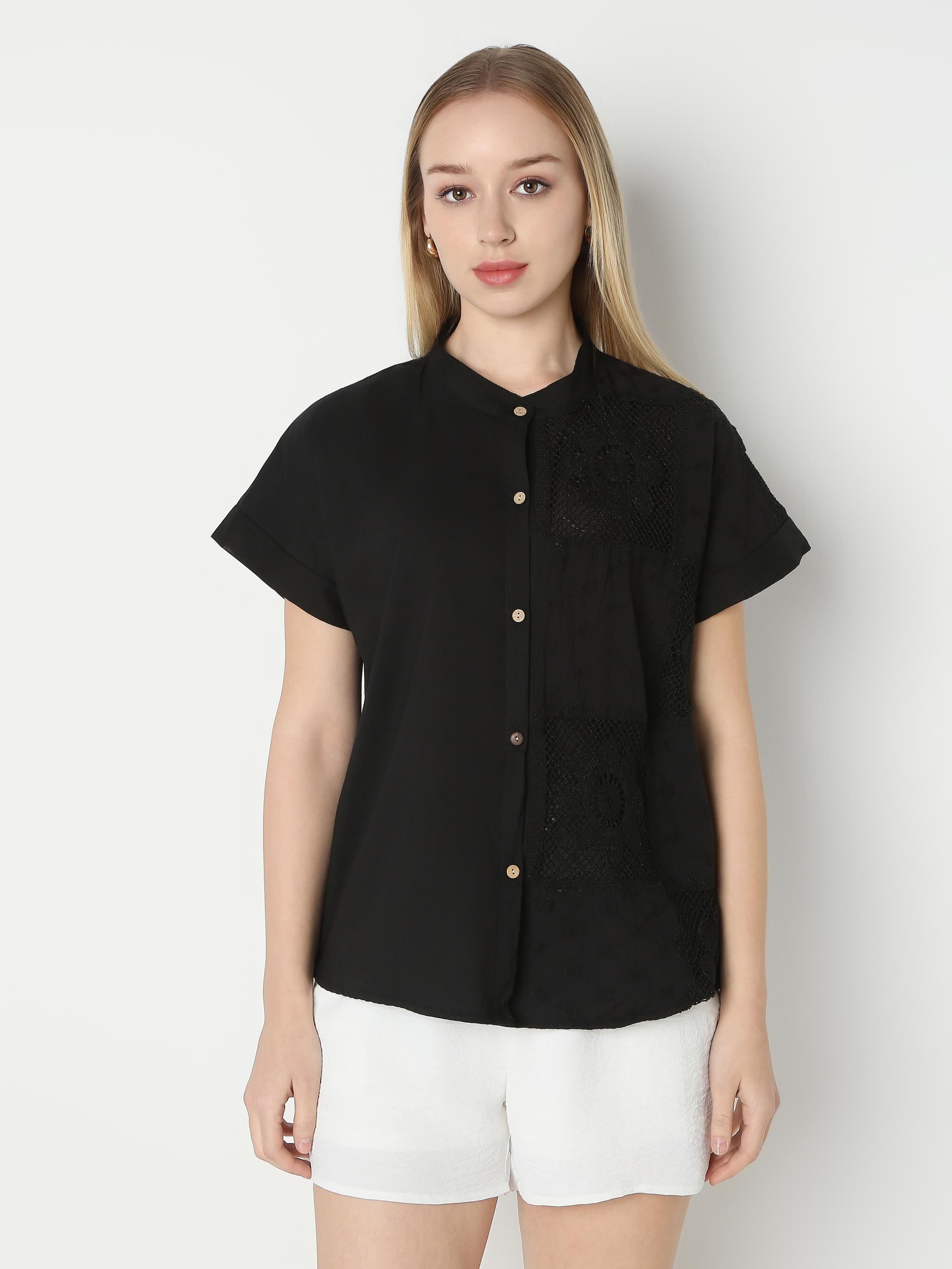 Short-Sleeve Mandarin Collar Shirt
