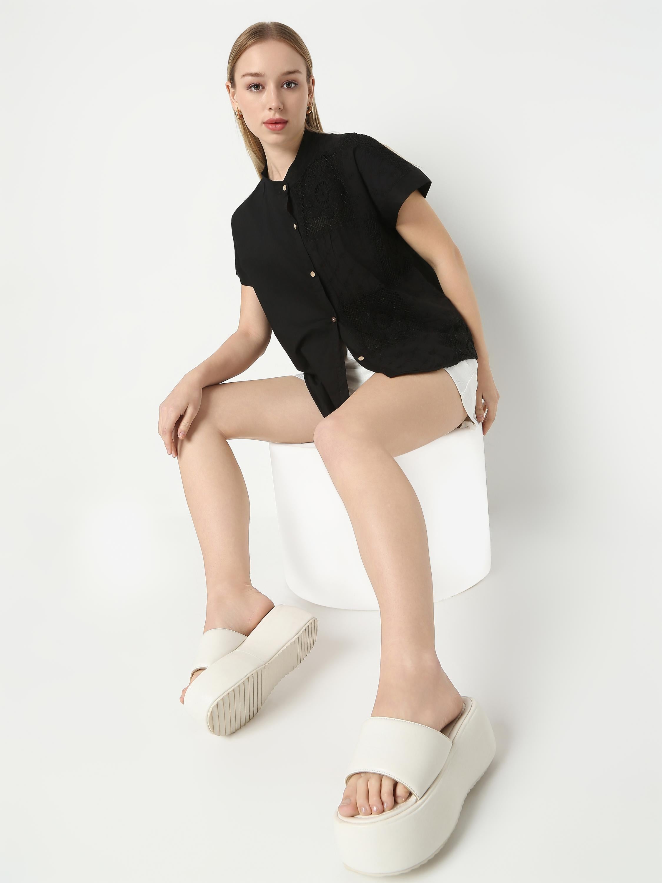 Short-Sleeve Mandarin Collar Shirt