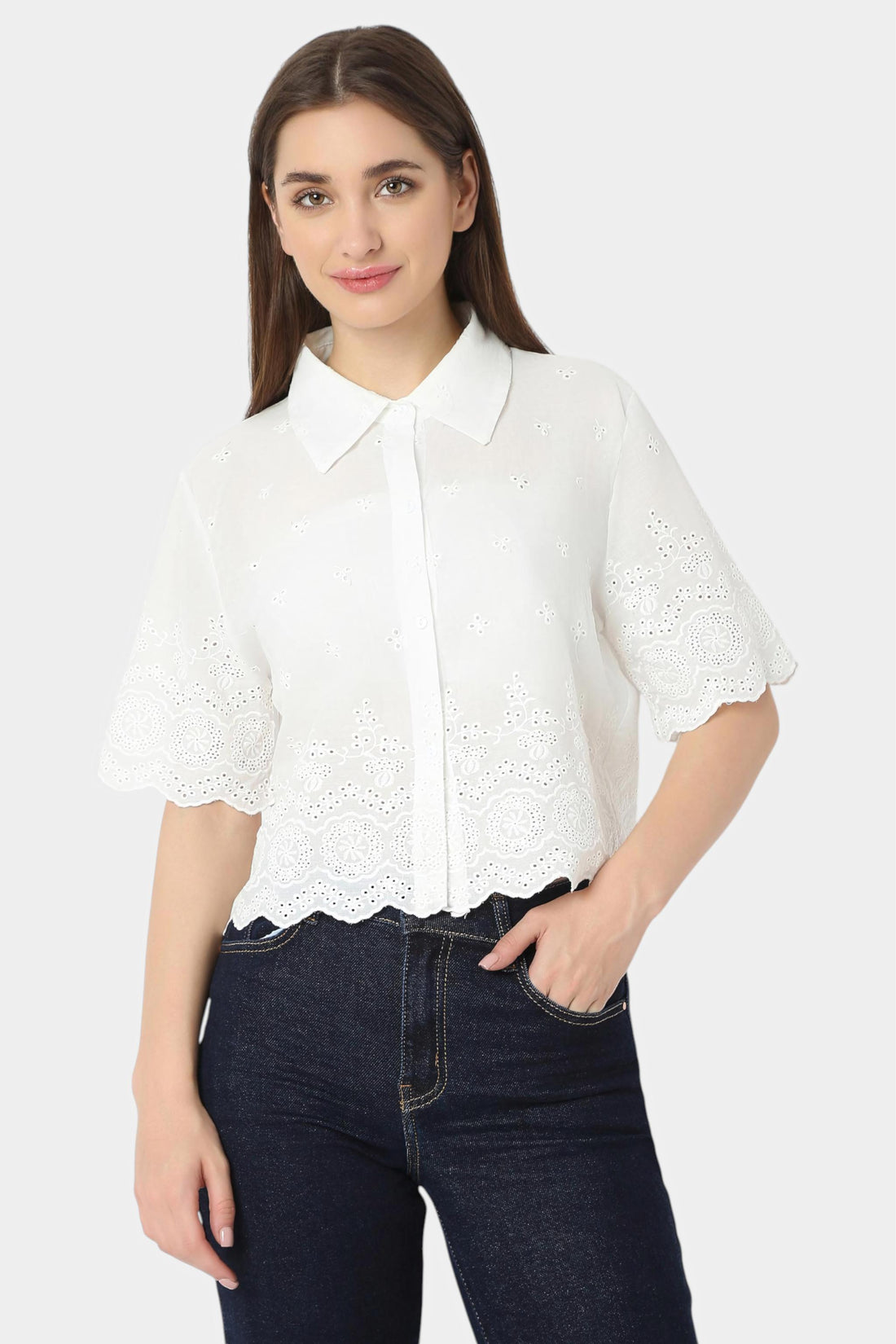 Schiffli Embroidered Crop Shirt