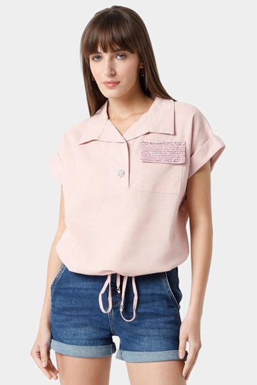 Pink Collared Top with Sequin Pocket and Drawstring Hem