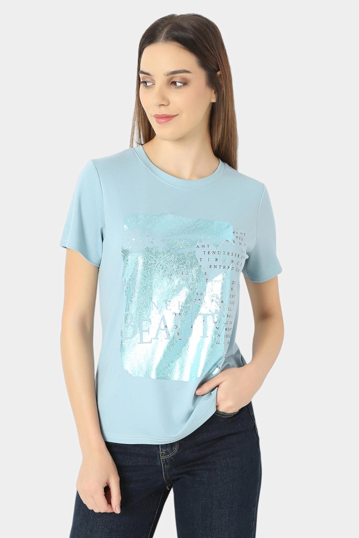 Powder Blue Metallic Foil Graphic T-Shirt