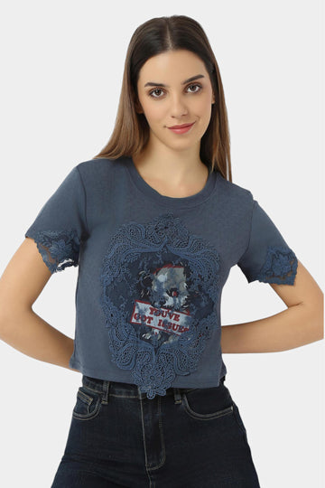 Navy Lace Applique Graphic Crop T-Shirt