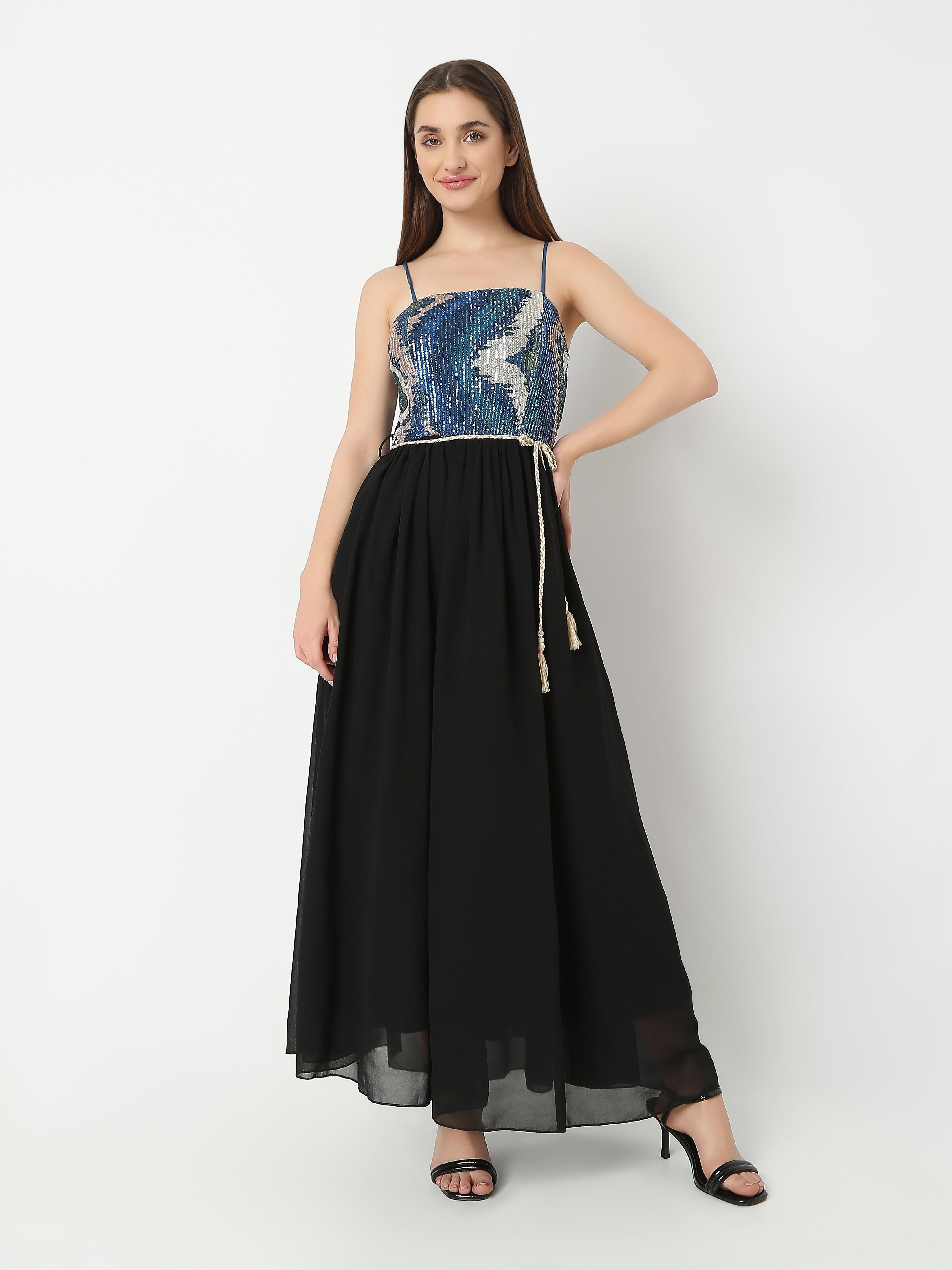 Women's Sleeveless Maxi Dress with Sequin Bodice