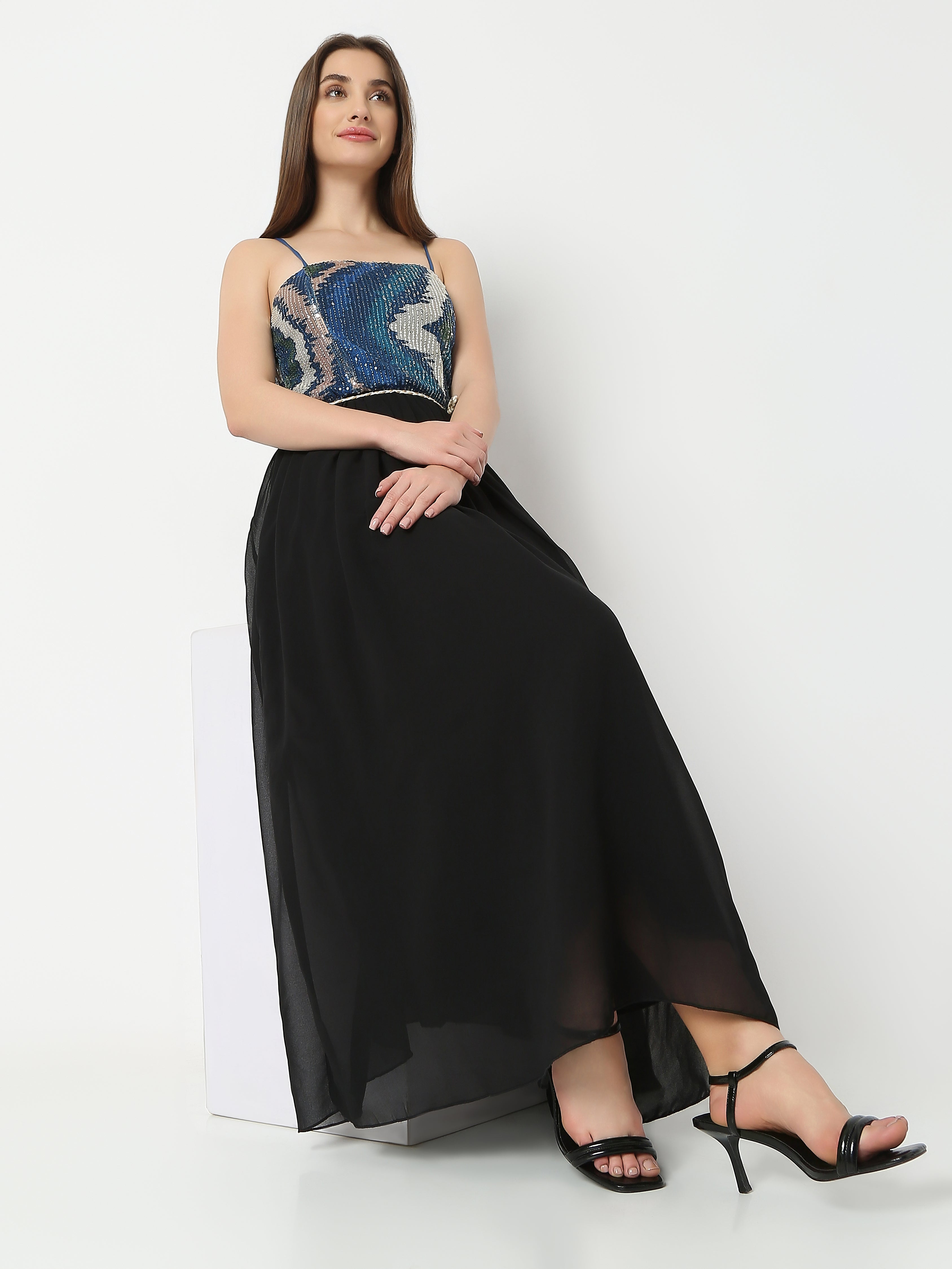 Women's Sleeveless Maxi Dress with Sequin Bodice
